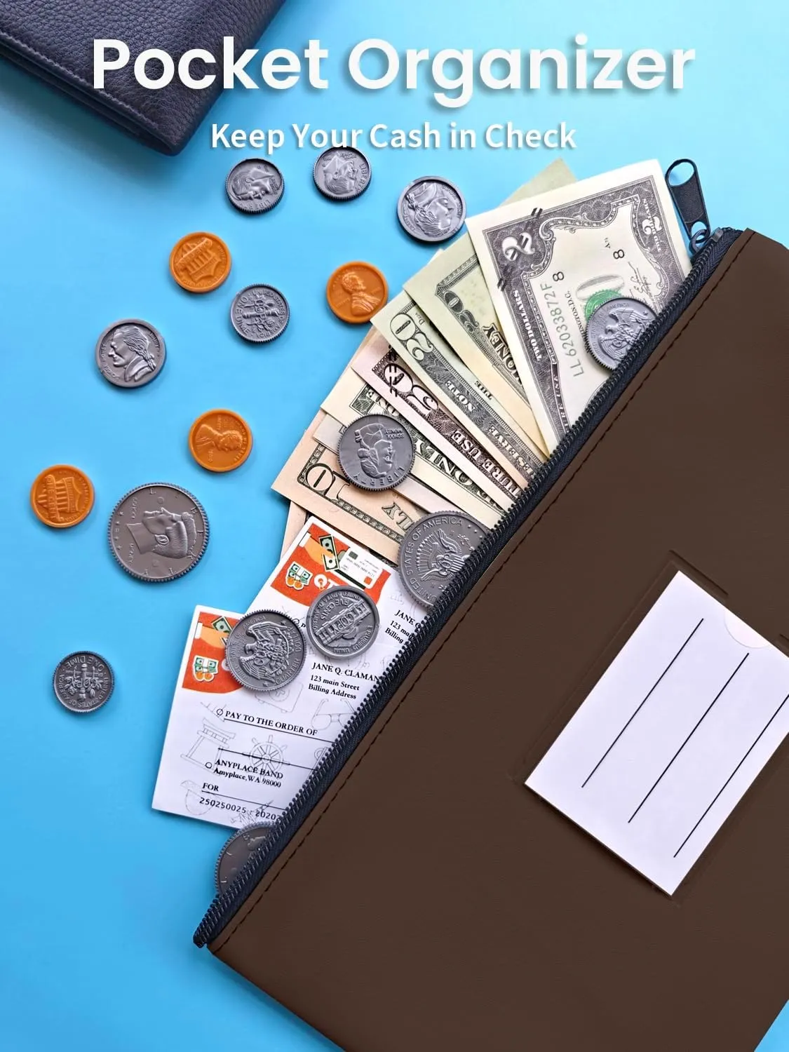 10-Pack Bank Deposit Money Bags with Zipper, PU Leather Cash Pouches with Label, 11 x 6 Inches, for Coins, Cosmetics, Bills, Tools, Brown