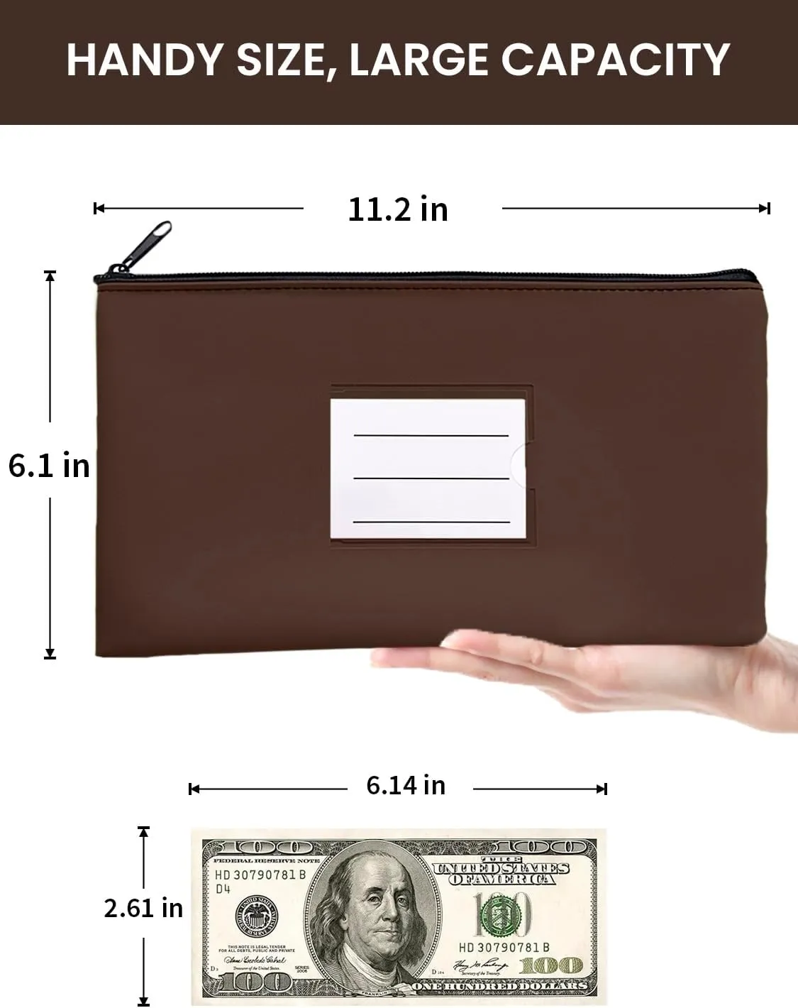 10-Pack Bank Deposit Money Bags with Zipper, PU Leather Cash Pouches with Label, 11 x 6 Inches, for Coins, Cosmetics, Bills, Tools, Brown