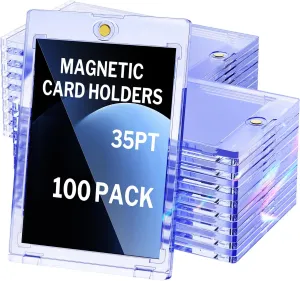 100-Pack Magnetic Card Holder, 35pt One Touch for Trading Cards, Baseball Card Holder, U-V Protectors Hard Plastic, for Sports, Game, MTG Cards
