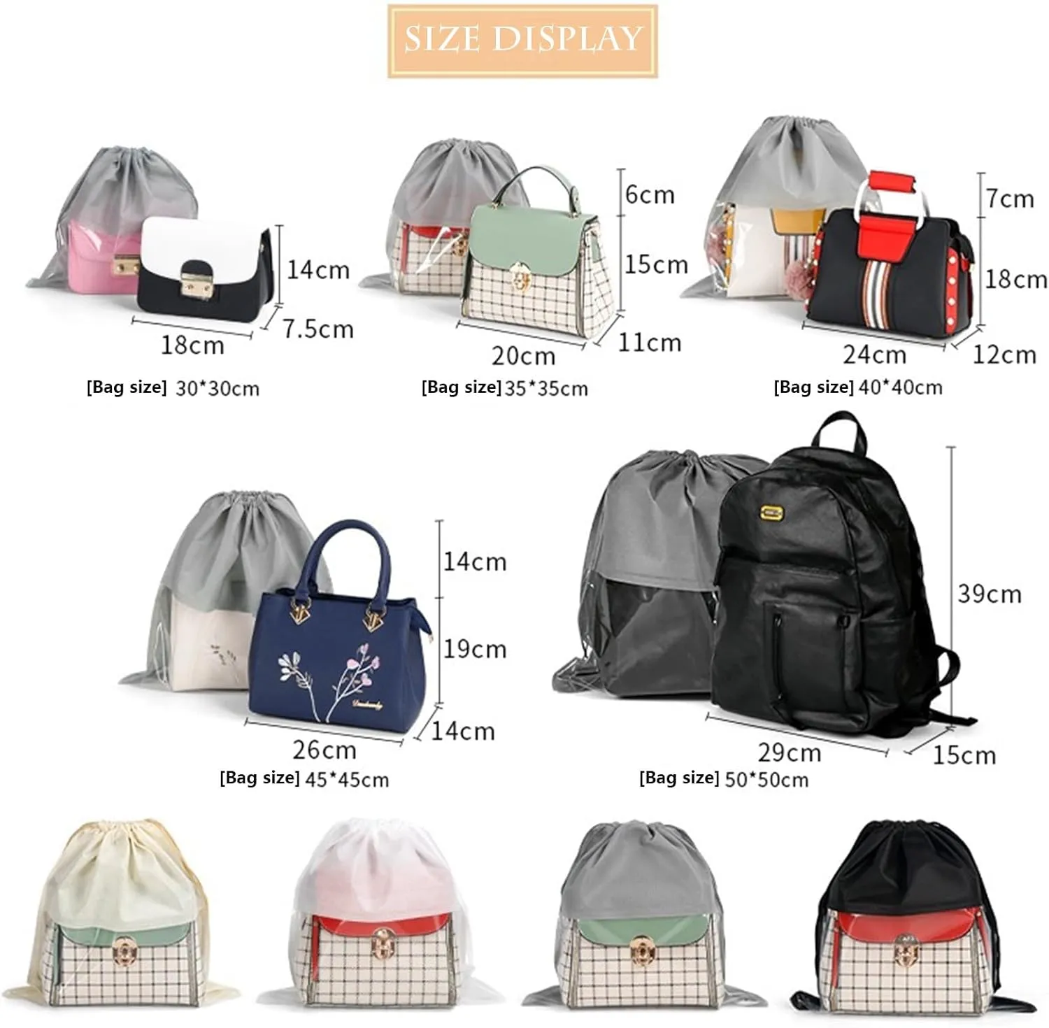 15 Packs Dust Bags for White Handbags, Clear White Handbag and Purse Storage Organizer, 18"x18" / 45x45 cm Non-Woven Drawstring Cover with Window