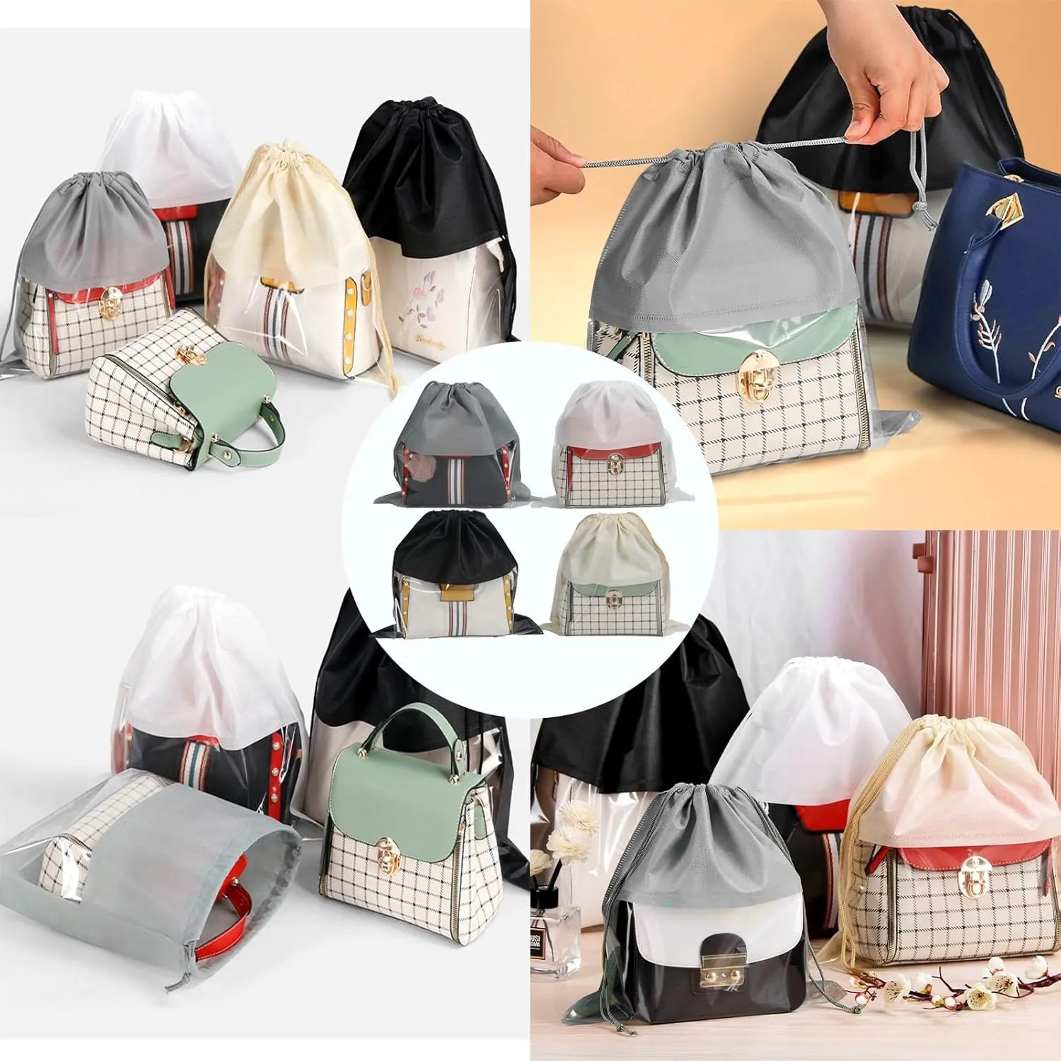 15 Packs Dust Bags for White Handbags, Clear White Handbag and Purse Storage Organizer, 18"x18" / 45x45 cm Non-Woven Drawstring Cover with Window