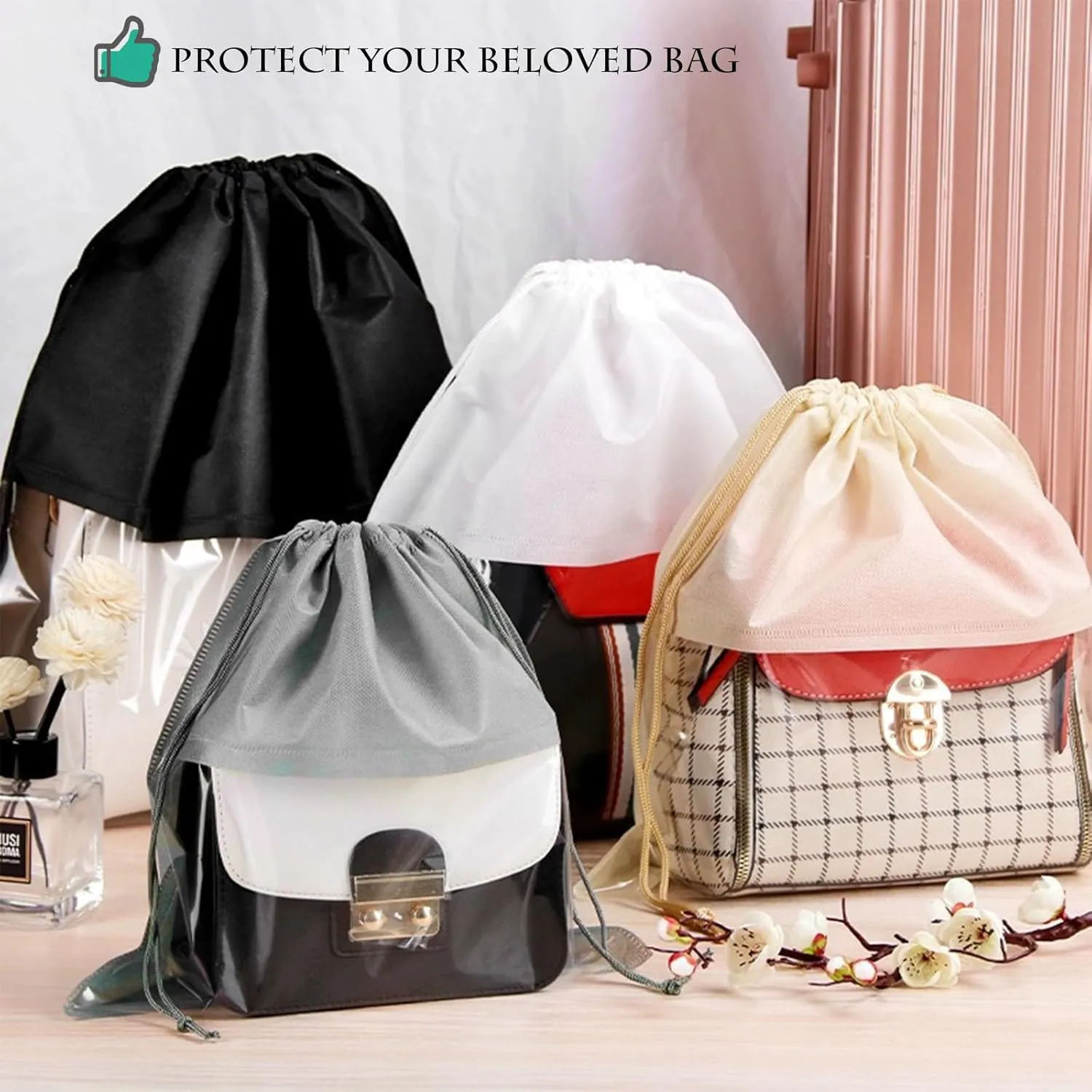 15 Packs Dust Bags for White Handbags, Clear White Handbag and Purse Storage Organizer, 18"x18" / 45x45 cm Non-Woven Drawstring Cover with Window