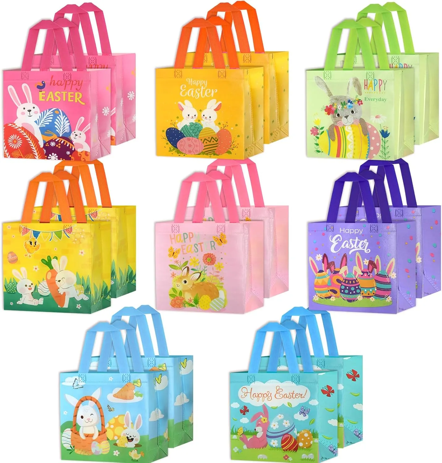 16pcs Happy Easter Egg Hunt Bags Bunny Carrot Chick Gift Bags with Handles, Treat Bags, 8 Style Reusable Non-Woven Easter Bag for Gifts Wrapping, Party Supplies, Basket Container, 9.1×8.7×4.5inch (Easter-16pcs)
