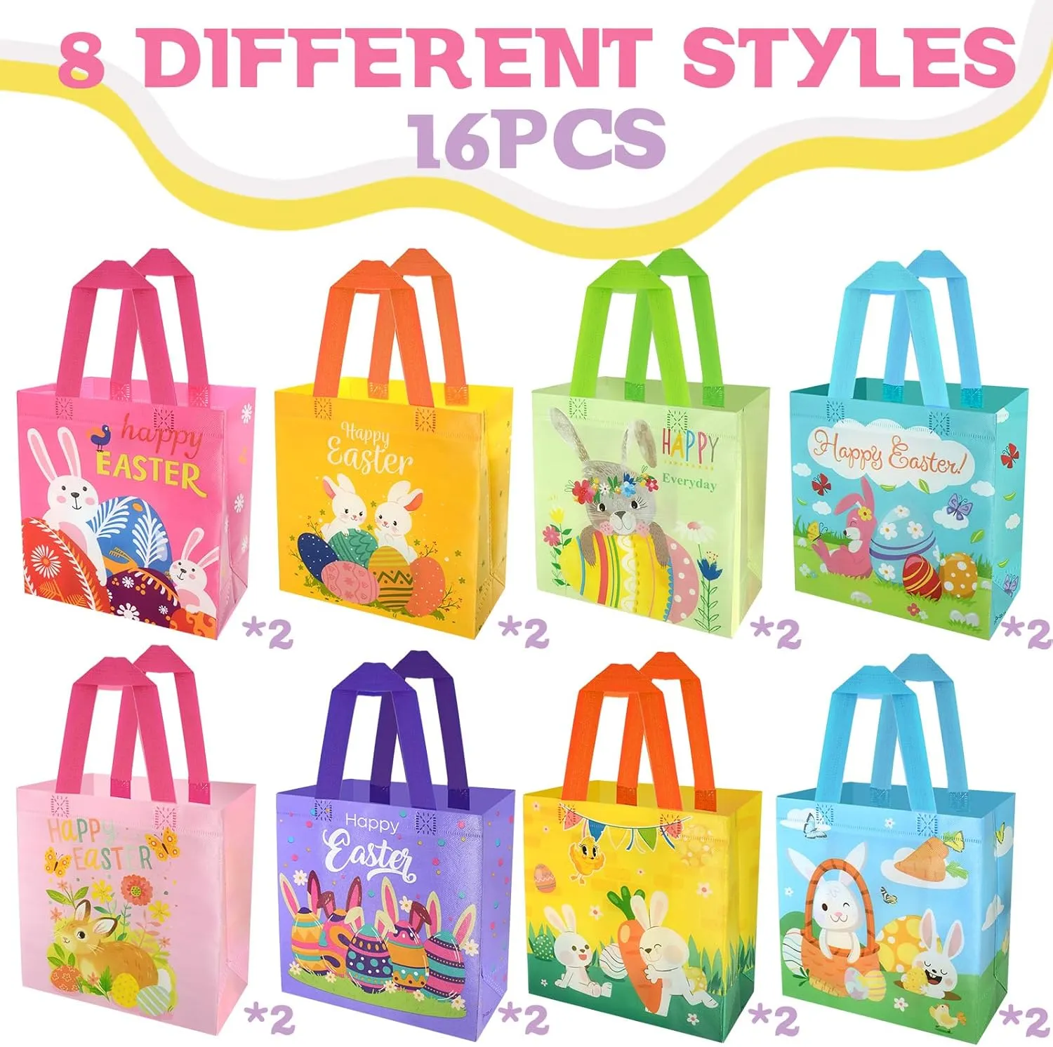 16pcs Happy Easter Egg Hunt Bags Bunny Carrot Chick Gift Bags with Handles, Treat Bags, 8 Style Reusable Non-Woven Easter Bag for Gifts Wrapping, Party Supplies, Basket Container, 9.1×8.7×4.5inch (Easter-16pcs)