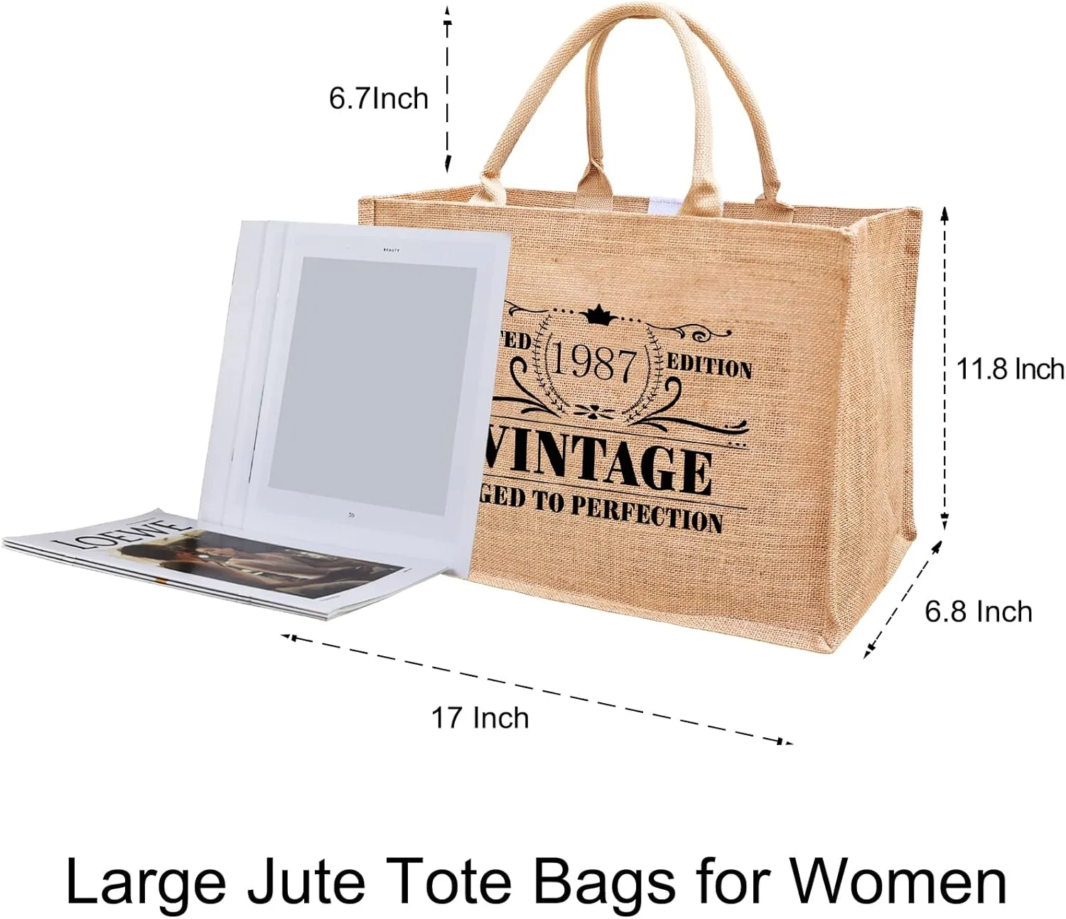 1986 1987 1988 1989 1990 1991 1992 1993 1994 1995 Burlap Jute Tote Bags for Women, 17" x 6.8" x 11.8"