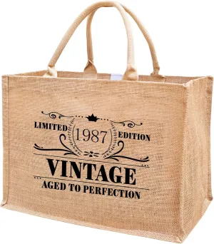 1986 1987 1988 1989 1990 1991 1992 1993 1994 1995 Burlap Jute Tote Bags for Women, 17" x 6.8" x 11.8"