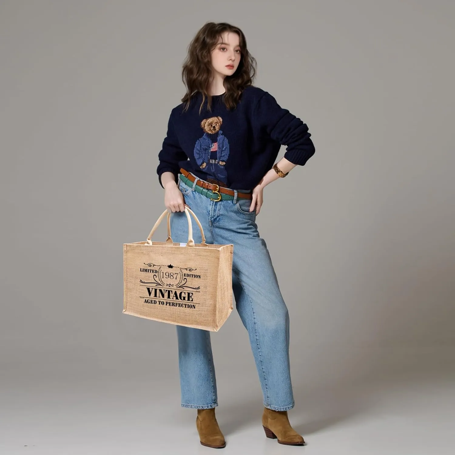 1986 1987 1988 1989 1990 1991 1992 1993 1994 1995 Burlap Jute Tote Bags for Women, 17" x 6.8" x 11.8"
