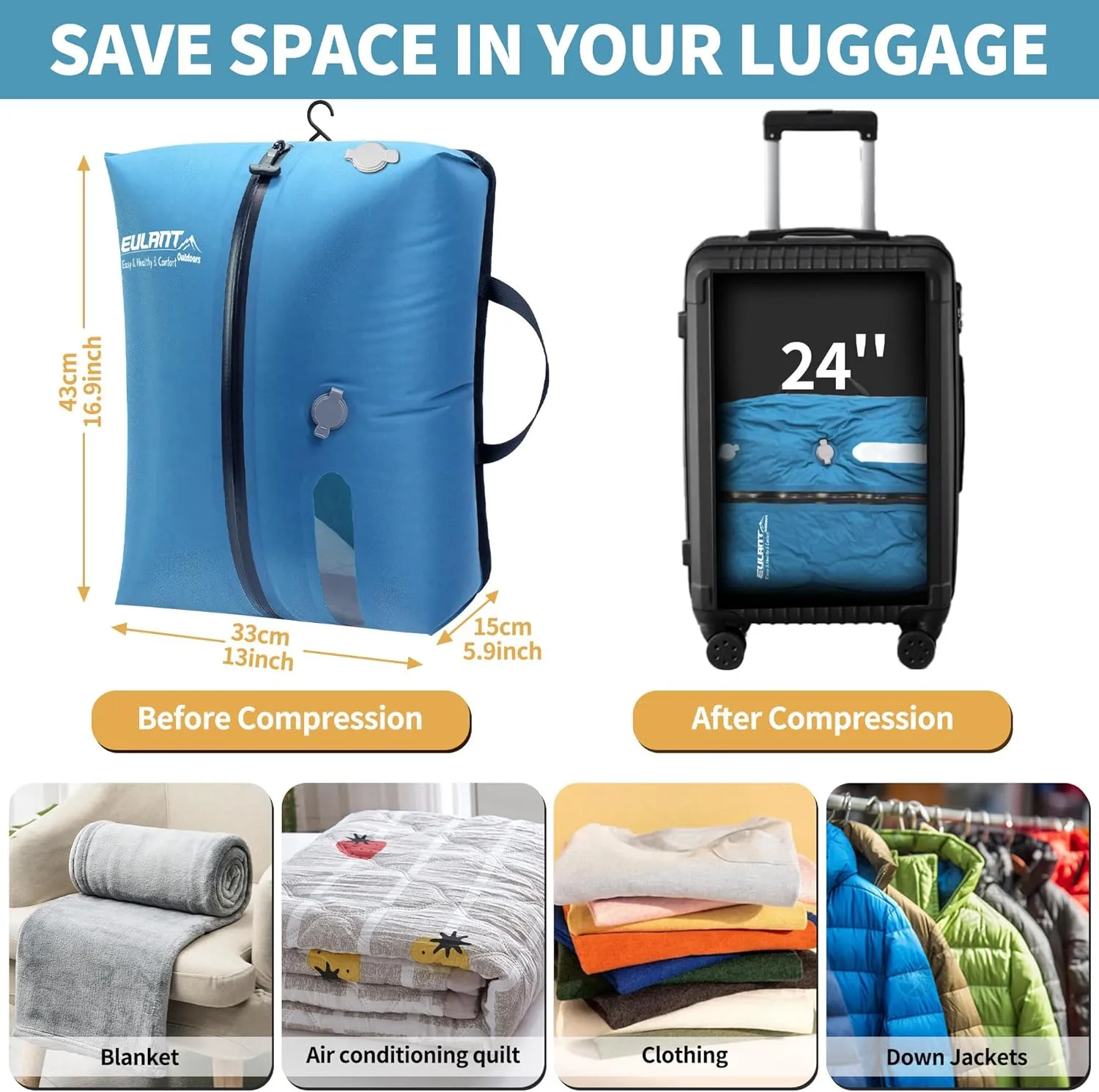 2 Pack Reusable Vacuum Bags for Travel,Waterproof Professional IP67 Zipper Reusable Vacuum Compression Bags,Space Saver Bags for Suitcases Backpack(No Pump)