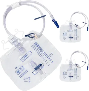 2000mL Catheter Bags for Men and Women 3 Pack Professional Urinary Drainage Bags with Enhanced Anti-Reflux Drip Chamber, 48” Thickened Drainage Tube, Adjustable Clips & Hanging Hook