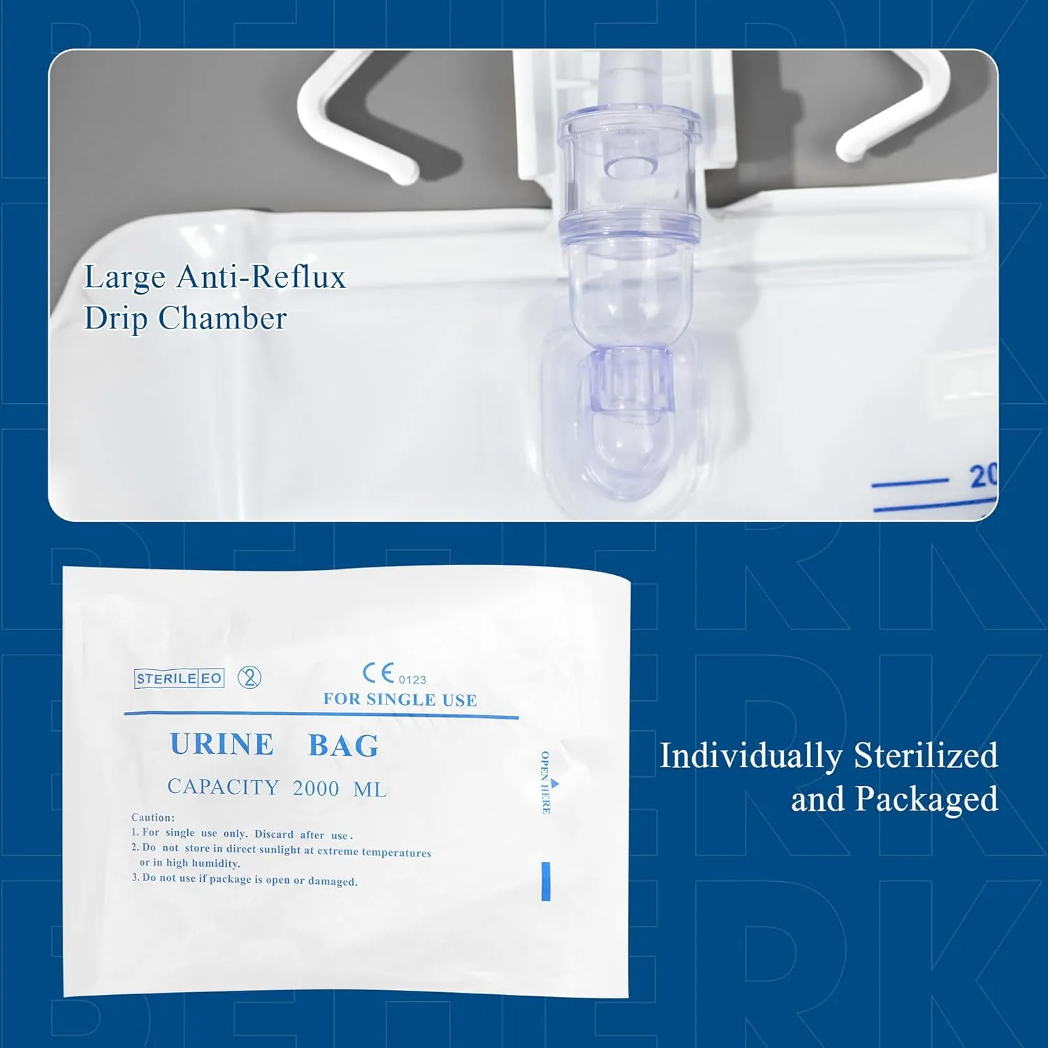 2000mL Catheter Bags for Men and Women 3 Pack Professional Urinary Drainage Bags with Enhanced Anti-Reflux Drip Chamber, 48” Thickened Drainage Tube, Adjustable Clips & Hanging Hook