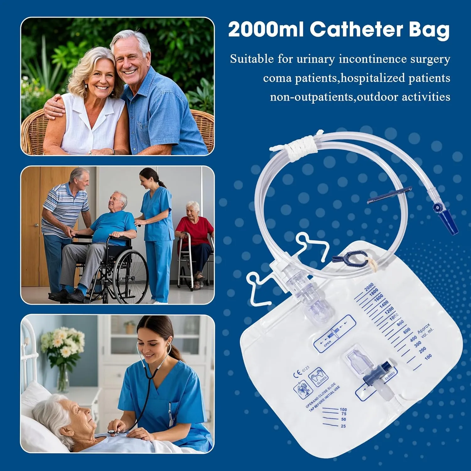 2000mL Catheter Bags for Men and Women 3 Pack Professional Urinary Drainage Bags with Enhanced Anti-Reflux Drip Chamber, 48” Thickened Drainage Tube, Adjustable Clips & Hanging Hook