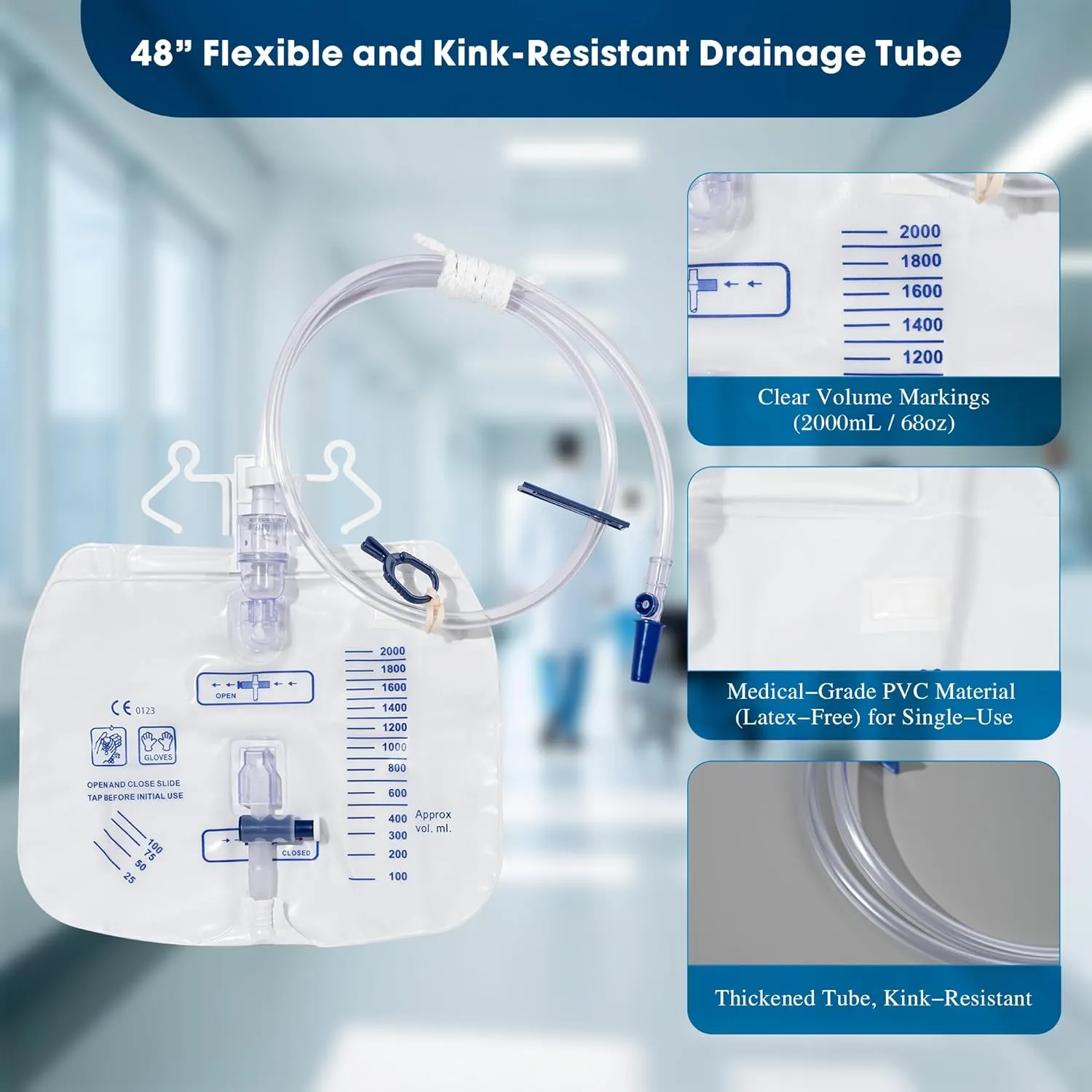 2000mL Catheter Bags for Men and Women 3 Pack Professional Urinary Drainage Bags with Enhanced Anti-Reflux Drip Chamber, 48” Thickened Drainage Tube, Adjustable Clips & Hanging Hook