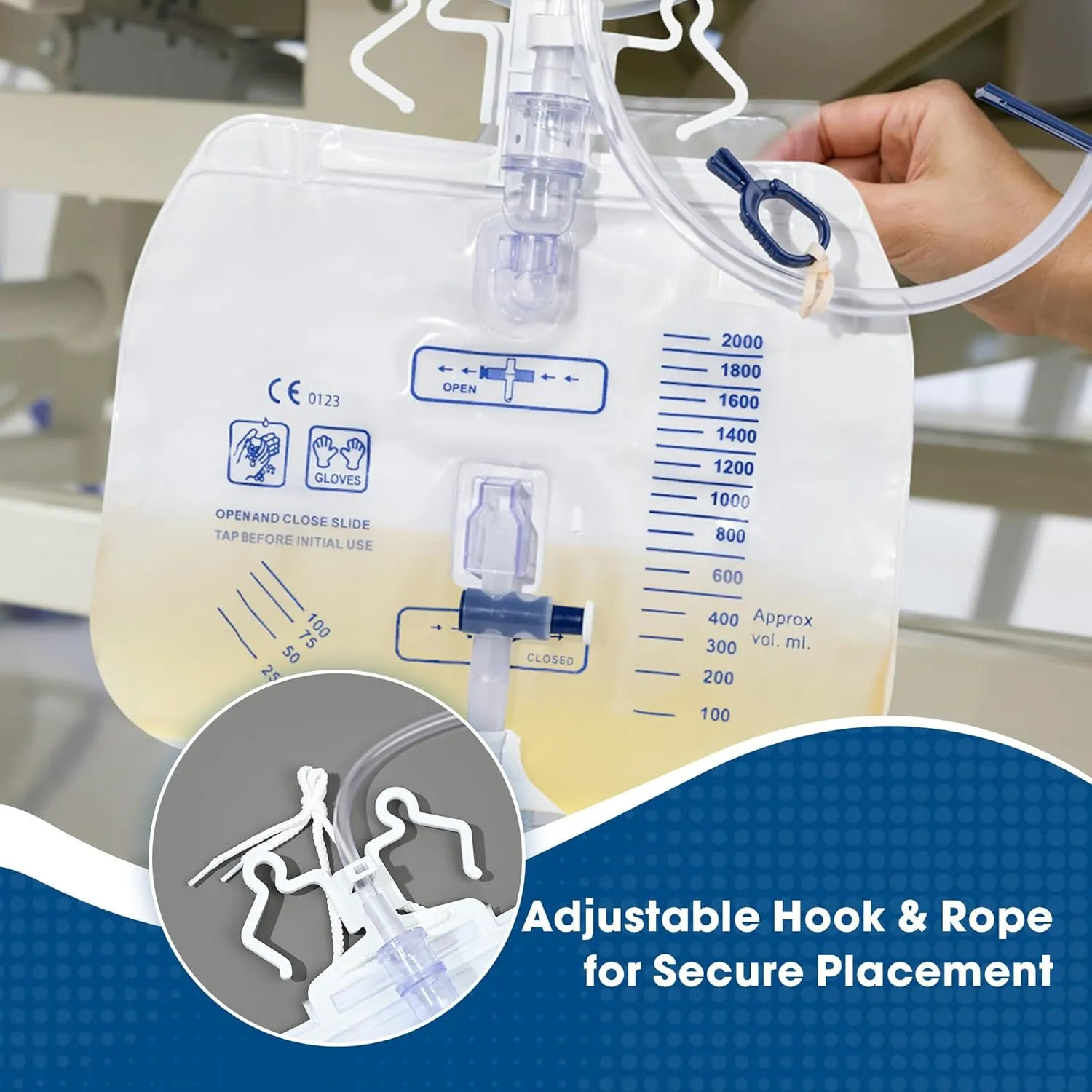 2000mL Catheter Bags for Men and Women 3 Pack Professional Urinary Drainage Bags with Enhanced Anti-Reflux Drip Chamber, 48” Thickened Drainage Tube, Adjustable Clips & Hanging Hook
