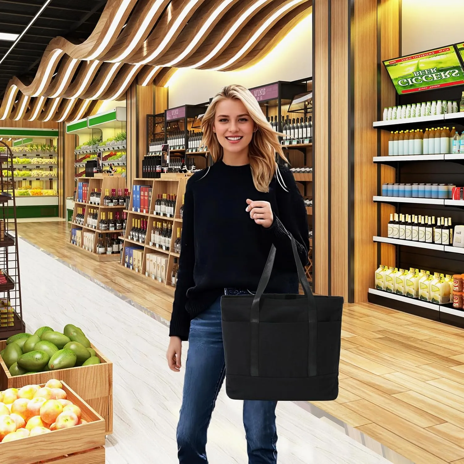 21in Heavy duty large canvas totes bag 12oz reusable zippered grocery shopping bag, extra large totes bag for women