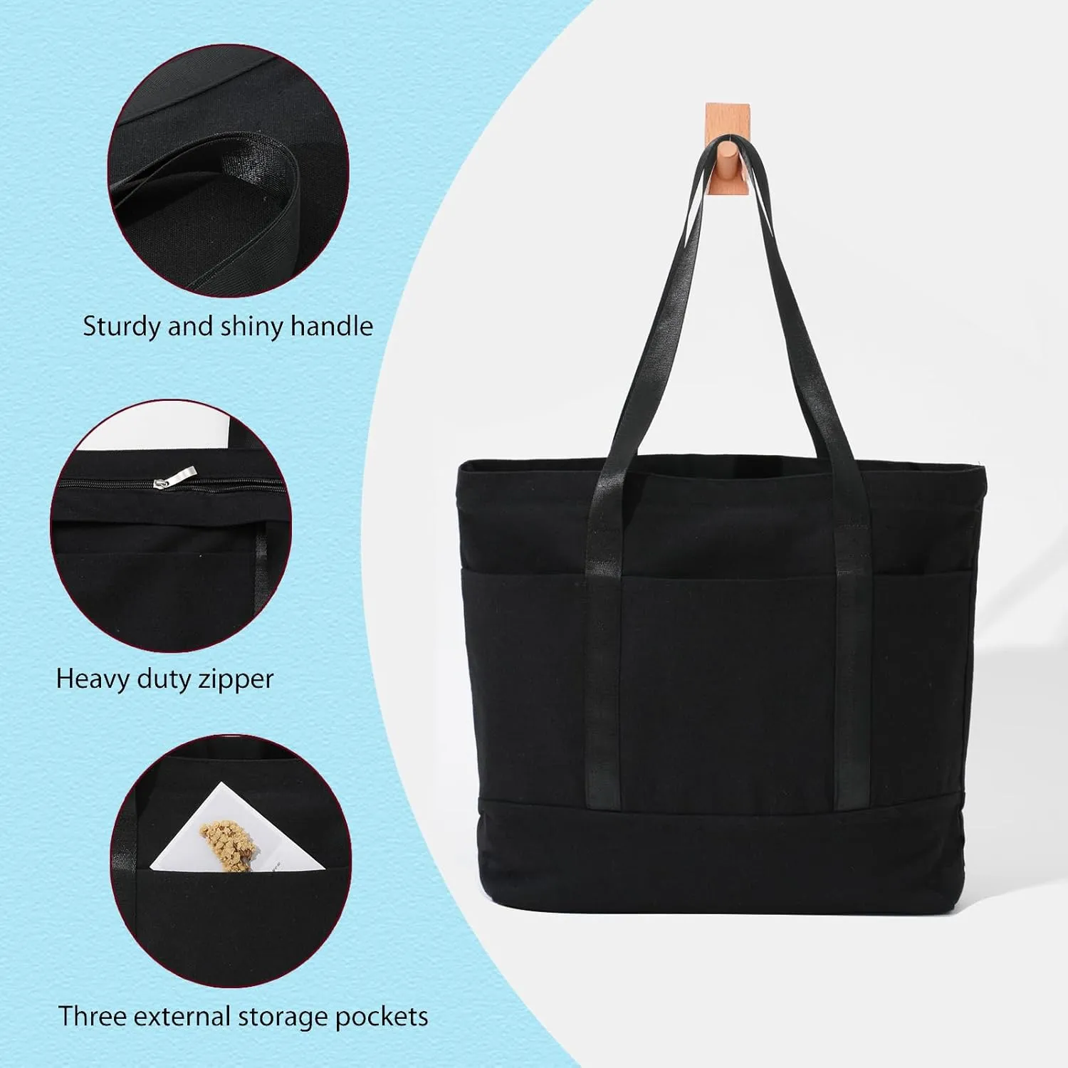 21in Heavy duty large canvas totes bag 12oz reusable zippered grocery shopping bag, extra large totes bag for women