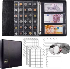 295pcs 2 in 1 Coin Collection Book Set, Coin Collection Supplies, Coin Holders for Collectors, 3 Size Coin Pockets and 9 Pockets Paper Money Storage Binder Father's Day Gift (Black)