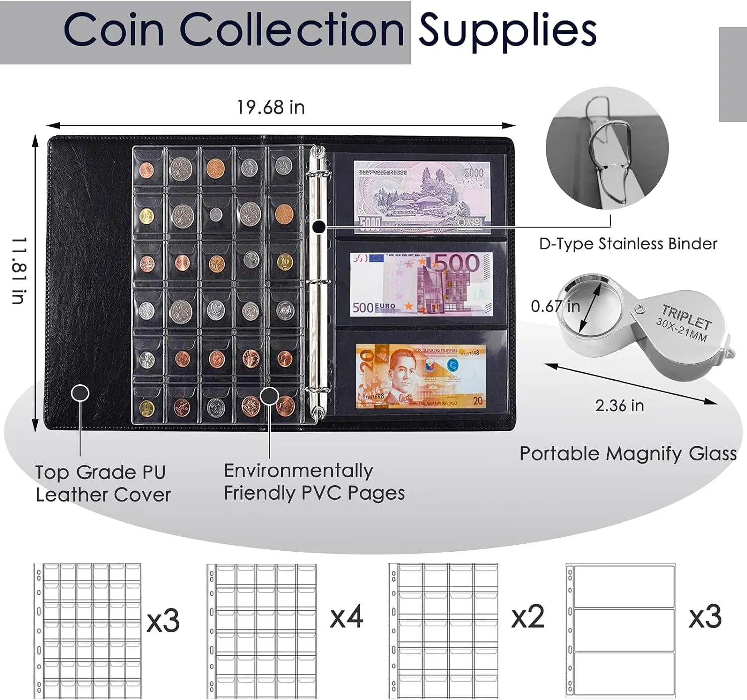 295pcs 2 in 1 Coin Collection Book Set, Coin Collection Supplies, Coin Holders for Collectors, 3 Size Coin Pockets and 9 Pockets Paper Money Storage Binder Father's Day Gift (Black)