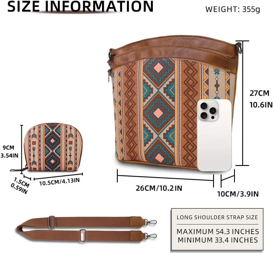 2pcs Bohemian Handbag Set Retro Ethnic Shoulder Bag, PU Leather, Large Capacity, Zipper Closure, Ideal for Vacation, Travel