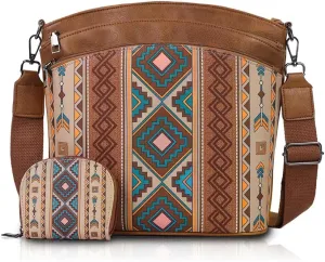 2pcs Bohemian Handbag Set Retro Ethnic Shoulder Bag, PU Leather, Large Capacity, Zipper Closure, Ideal for Vacation, Travel