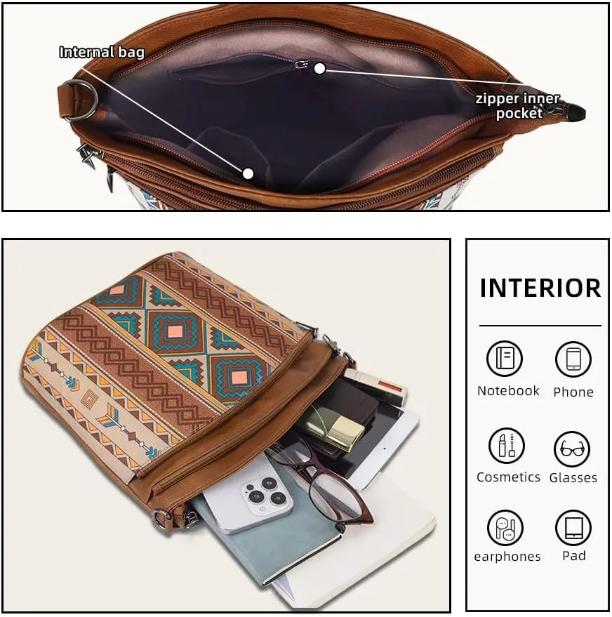 2pcs Bohemian Handbag Set Retro Ethnic Shoulder Bag, PU Leather, Large Capacity, Zipper Closure, Ideal for Vacation, Travel