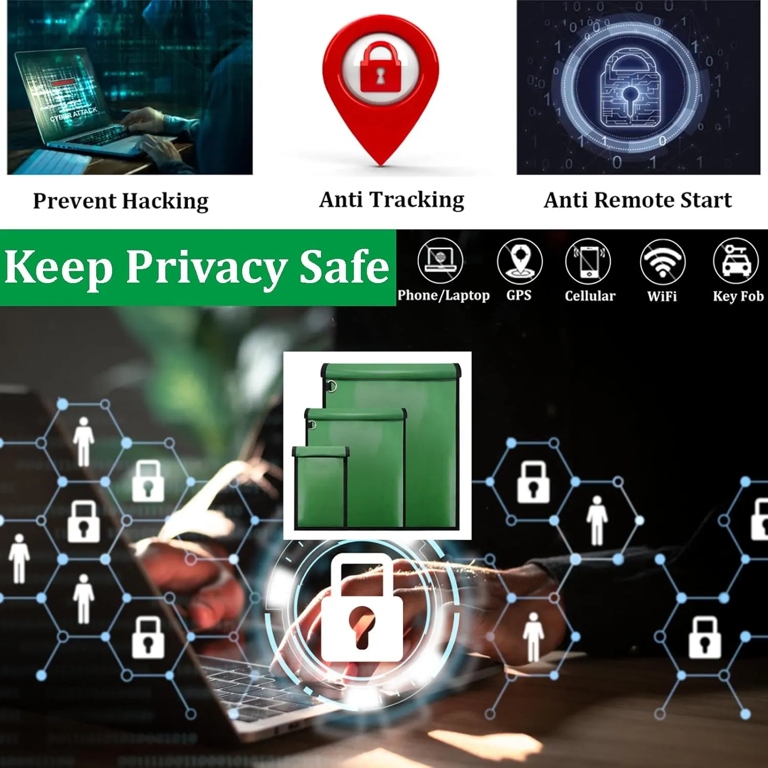 3 Pack Green Faraday Bags, Extra Large Faraday Bag for Laptops & Tablets & Car Keys, Waterproof & Fireproof Faraday Cage, Anti-Theft RFID Faraday Key Fob Protector