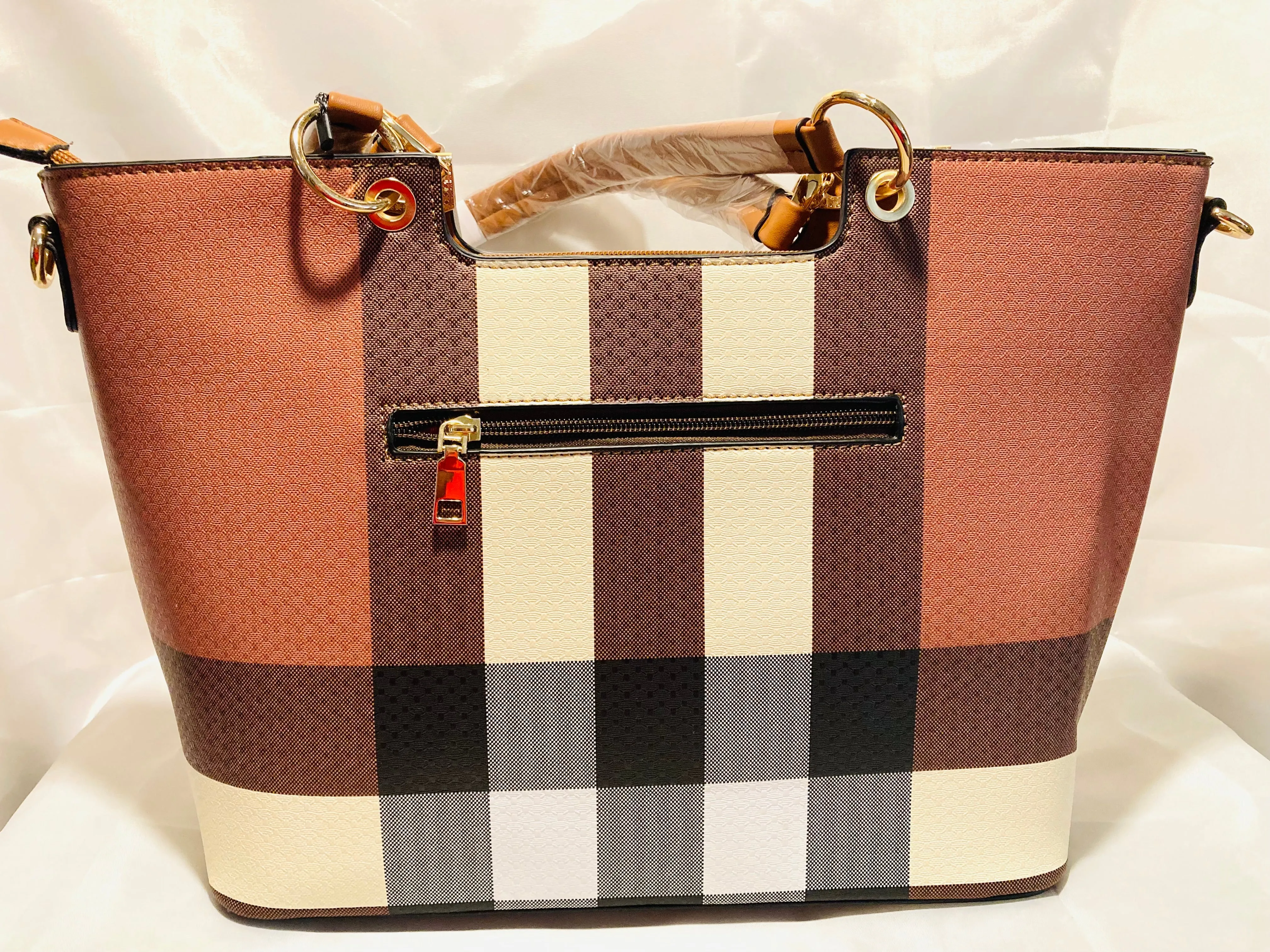 3 piece Brown striped vegan satchel set