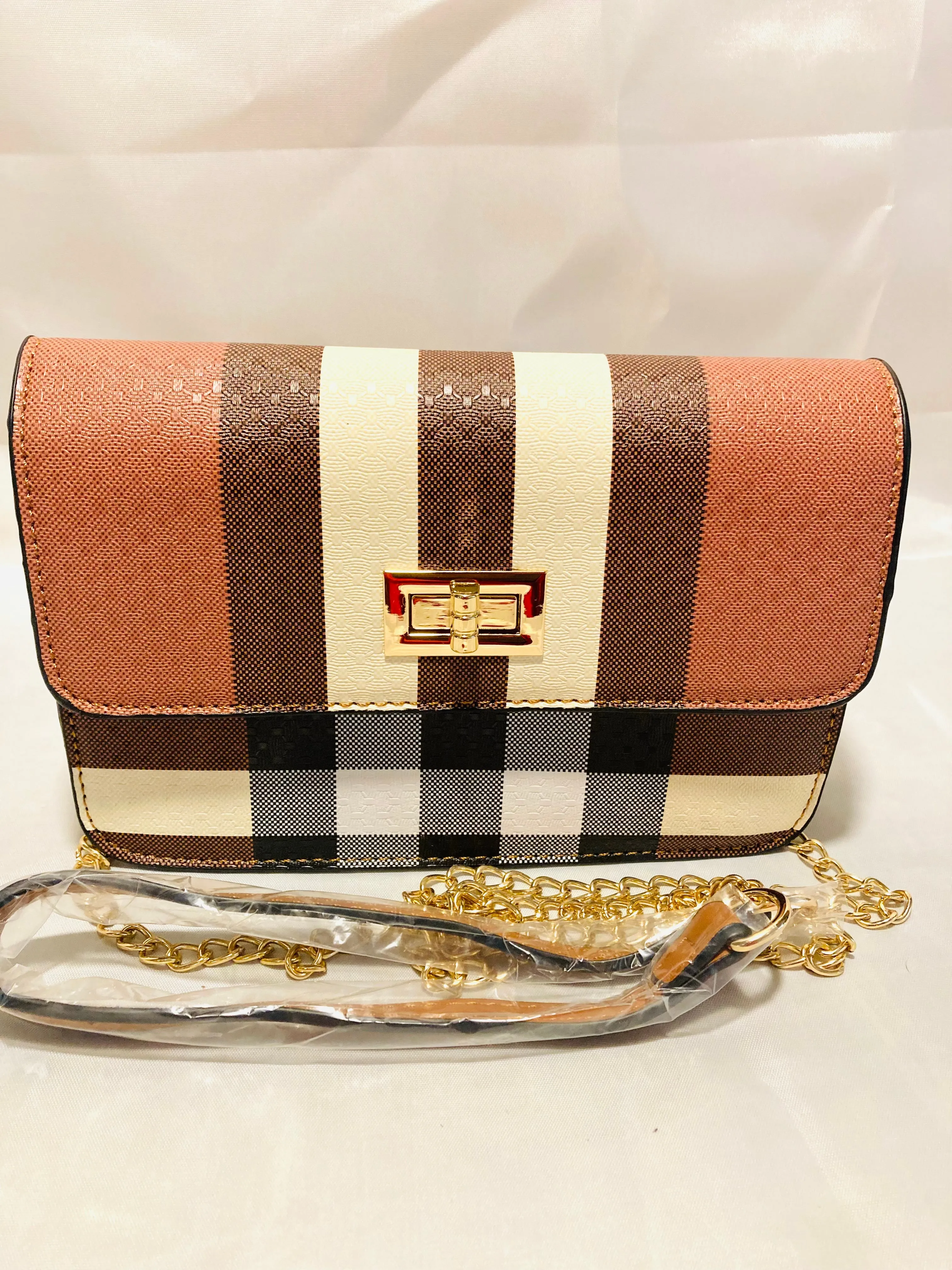 3 piece Brown striped vegan satchel set