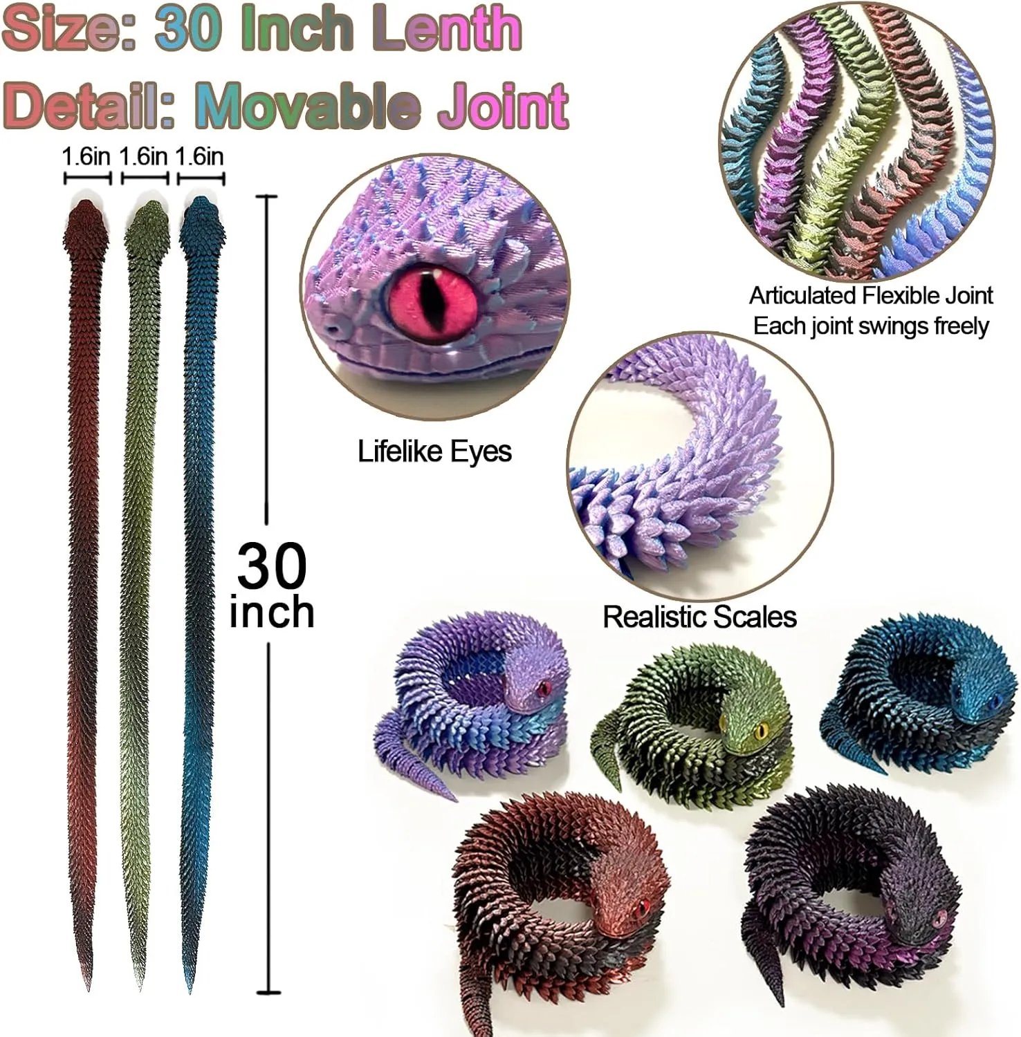 30 Inch 3D Printed Snake, 3D Printed Fidget Animals Toys, Articulated Flexible Joint Resin Simulation Viper Toys for Home Office Executive Desk Decoration Toy Halloween Party Favors Gift (Pink-Blue)