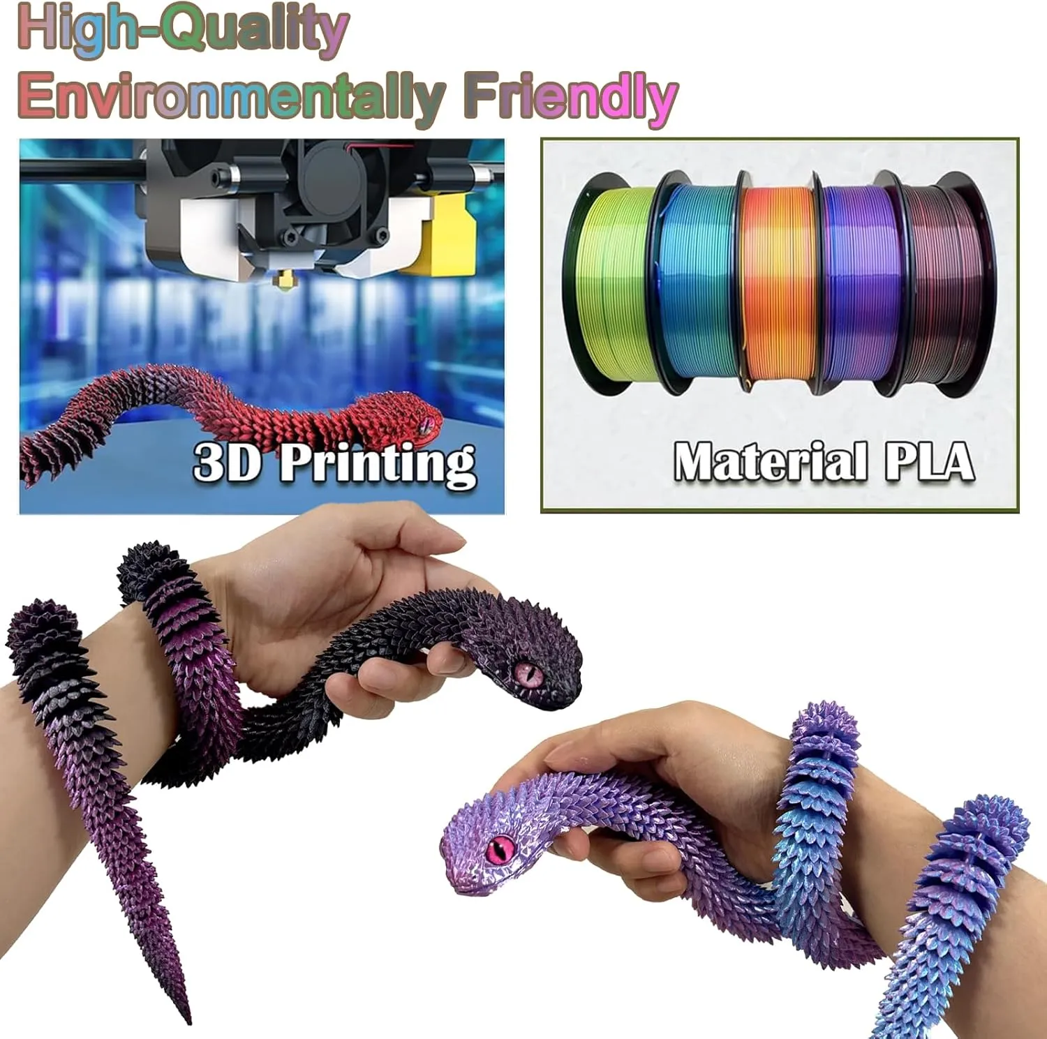 30 Inch 3D Printed Snake, 3D Printed Fidget Animals Toys, Articulated Flexible Joint Resin Simulation Viper Toys for Home Office Executive Desk Decoration Toy Halloween Party Favors Gift (Pink-Blue)