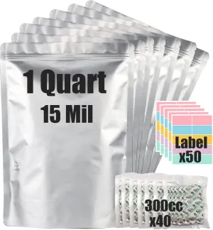 30pcs 1 Quart Mylar Bags for Food Storage (15 Mil Extra Thick 7.5 Mil Each Side) with Oxygen Absorbers 300CC (40pcs), 7"x10" Heat Sealable Zipper Mylar Bags for Long Term Food Storage