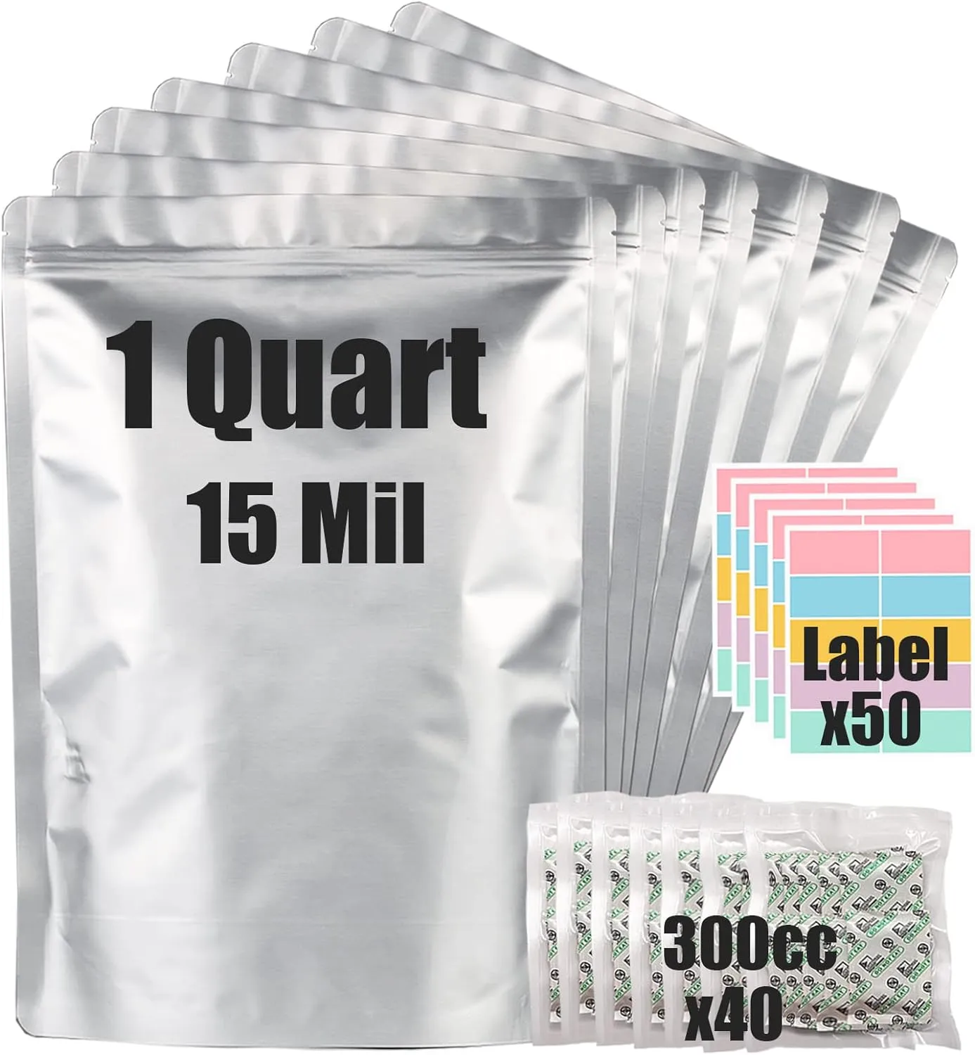 30pcs 1 Quart Mylar Bags for Food Storage (15 Mil Extra Thick 7.5 Mil Each Side) with Oxygen Absorbers 300CC (40pcs), 7"x10" Heat Sealable Zipper Mylar Bags for Long Term Food Storage