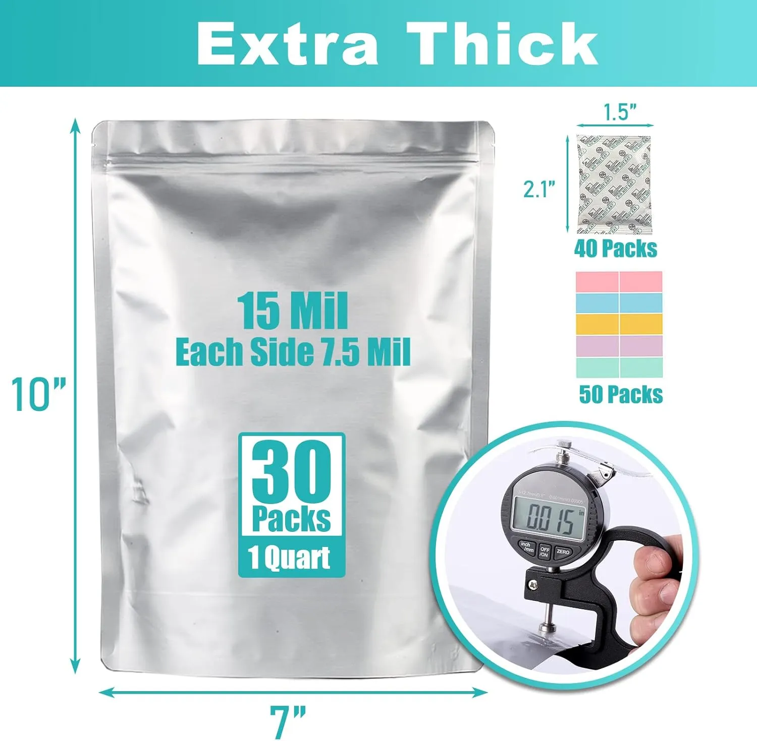 30pcs 1 Quart Mylar Bags for Food Storage (15 Mil Extra Thick 7.5 Mil Each Side) with Oxygen Absorbers 300CC (40pcs), 7"x10" Heat Sealable Zipper Mylar Bags for Long Term Food Storage