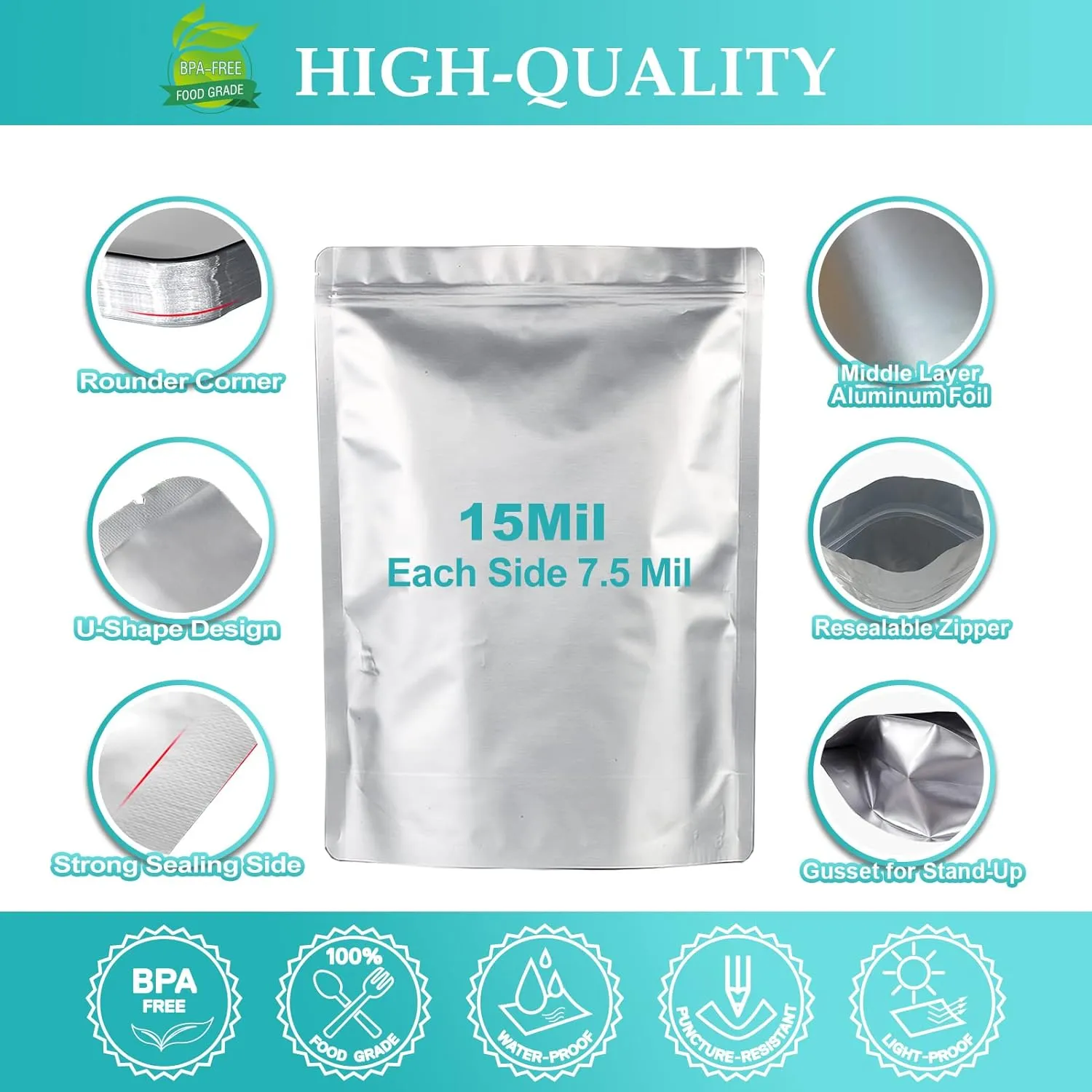 30pcs 1 Quart Mylar Bags for Food Storage (15 Mil Extra Thick 7.5 Mil Each Side) with Oxygen Absorbers 300CC (40pcs), 7"x10" Heat Sealable Zipper Mylar Bags for Long Term Food Storage