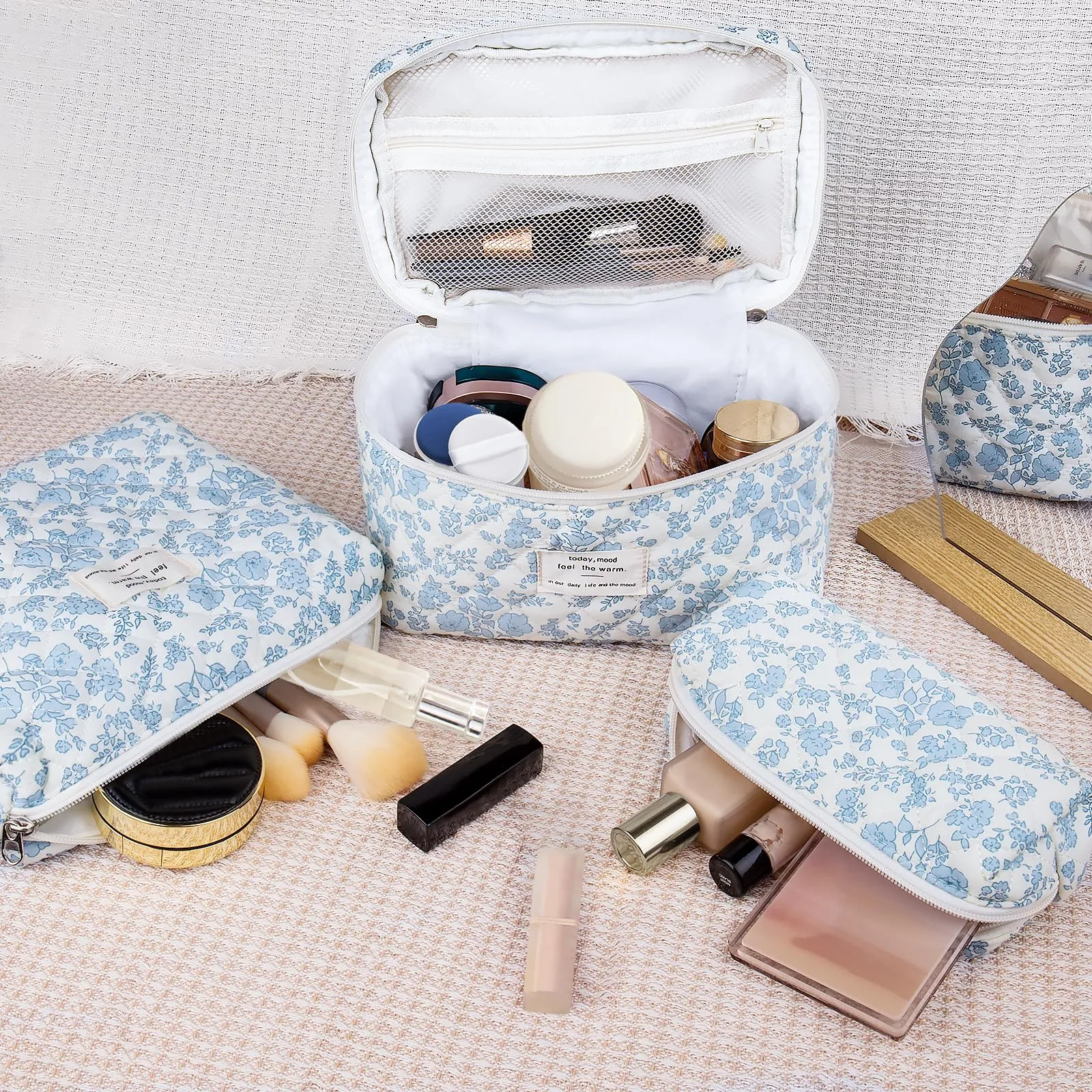 3PC Makeup Bag Set, Quilted Makeup Bag, Large Floral Cosmetic Bag for Women, Cute Cotton Makeup Bags, Flower Travel Toiletry Organizer Bag(Pink Plaid Bow)
