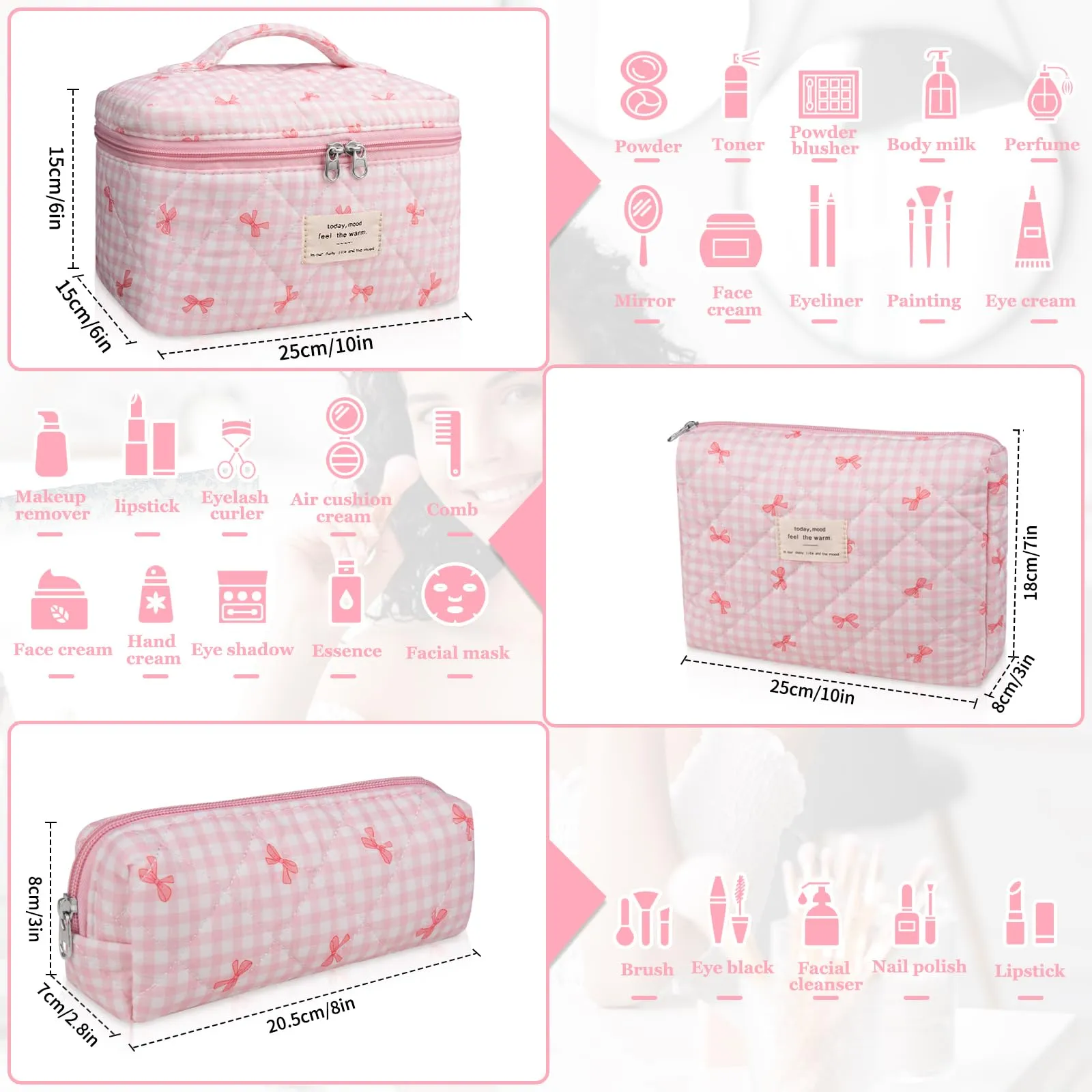 3PC Makeup Bag Set, Quilted Makeup Bag, Large Floral Cosmetic Bag for Women, Cute Cotton Makeup Bags, Flower Travel Toiletry Organizer Bag(Pink Plaid Bow)