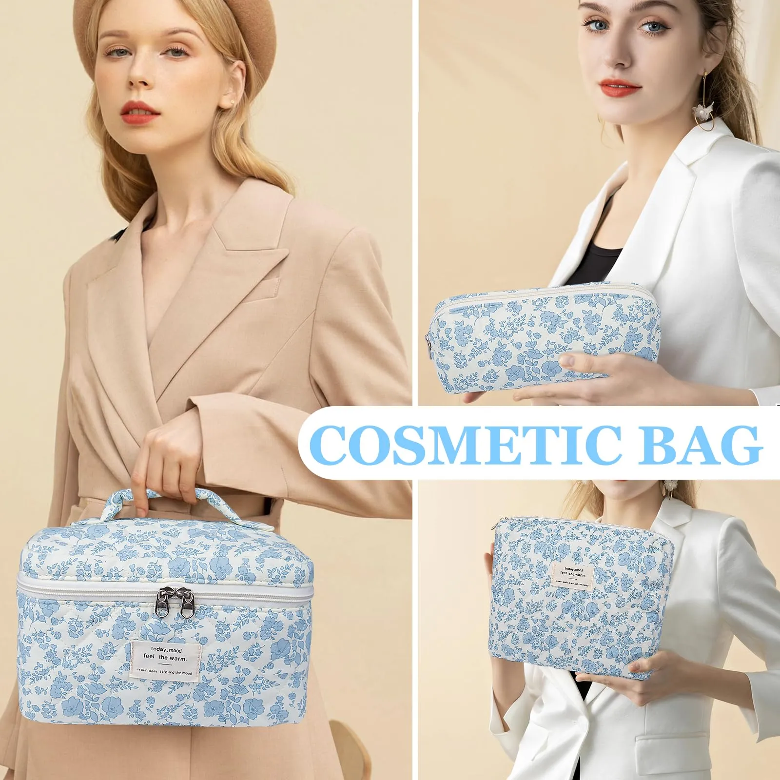 3PC Makeup Bag Set, Quilted Makeup Bag, Large Floral Cosmetic Bag for Women, Cute Cotton Makeup Bags, Flower Travel Toiletry Organizer Bag(Pink Plaid Bow)