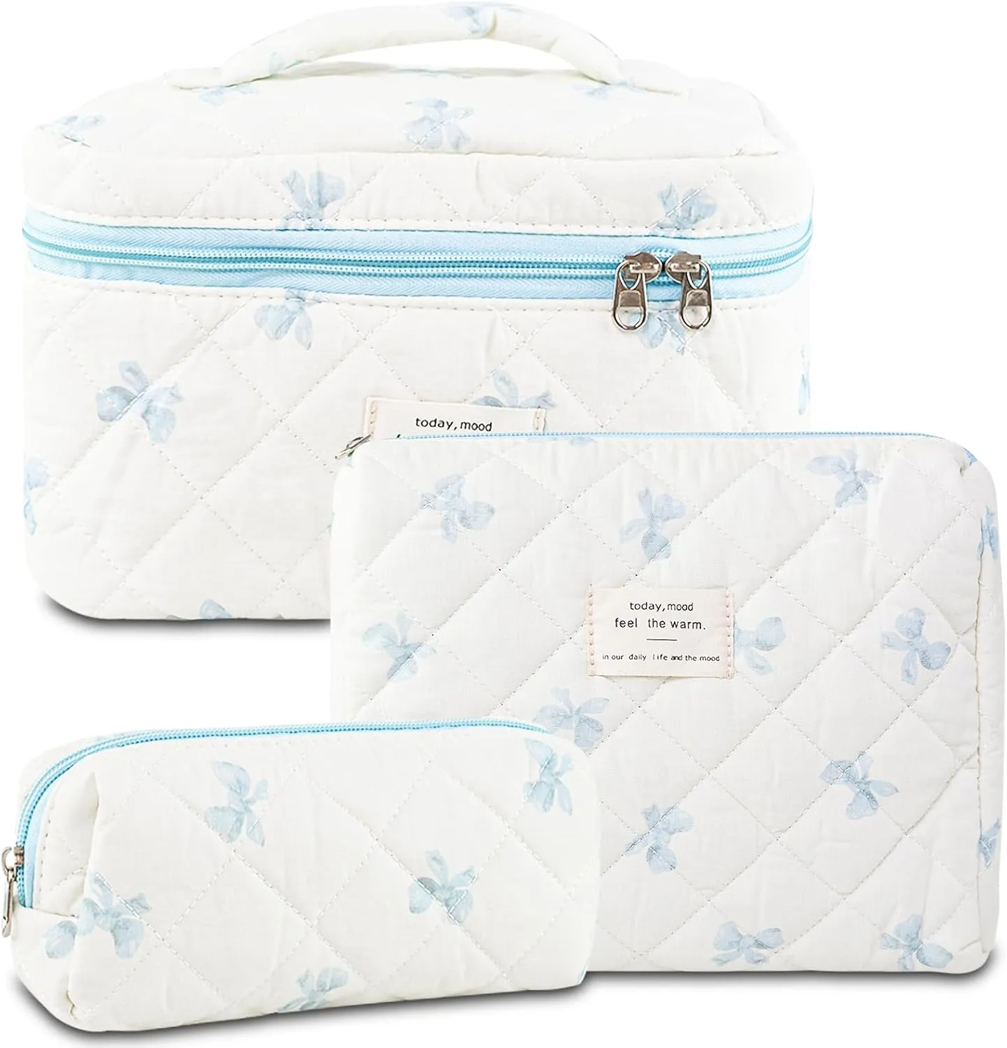 3Pcs Makeup Bag Cotton Quilted Travel Cosmetic Bag Cute Floral Makeup Pouch Large Toiletry Bag for Women Girls (Bow-Blue)