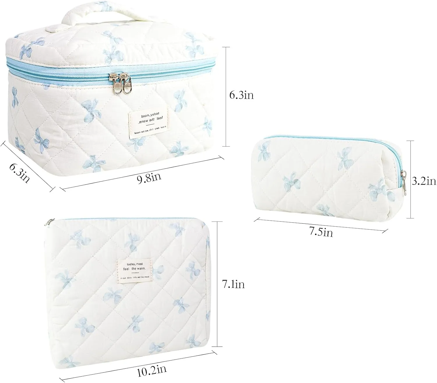 3Pcs Makeup Bag Cotton Quilted Travel Cosmetic Bag Cute Floral Makeup Pouch Large Toiletry Bag for Women Girls (Bow-Blue)