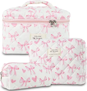 3Pcs Makeup Bag Cotton Quilted Travel Cosmetic Bag Cute Floral Makeup Pouch Large Toiletry Bag for Women Girls (Bow-Pink4)