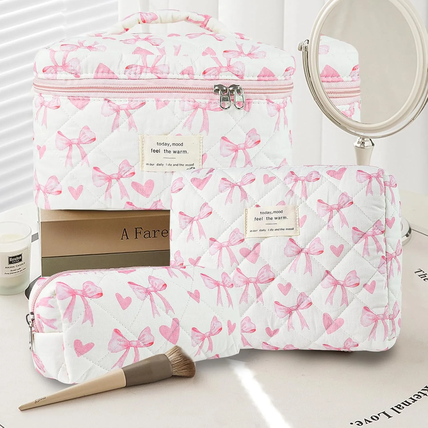 3Pcs Makeup Bag Cotton Quilted Travel Cosmetic Bag Cute Floral Makeup Pouch Large Toiletry Bag for Women Girls (Bow-Pink4)