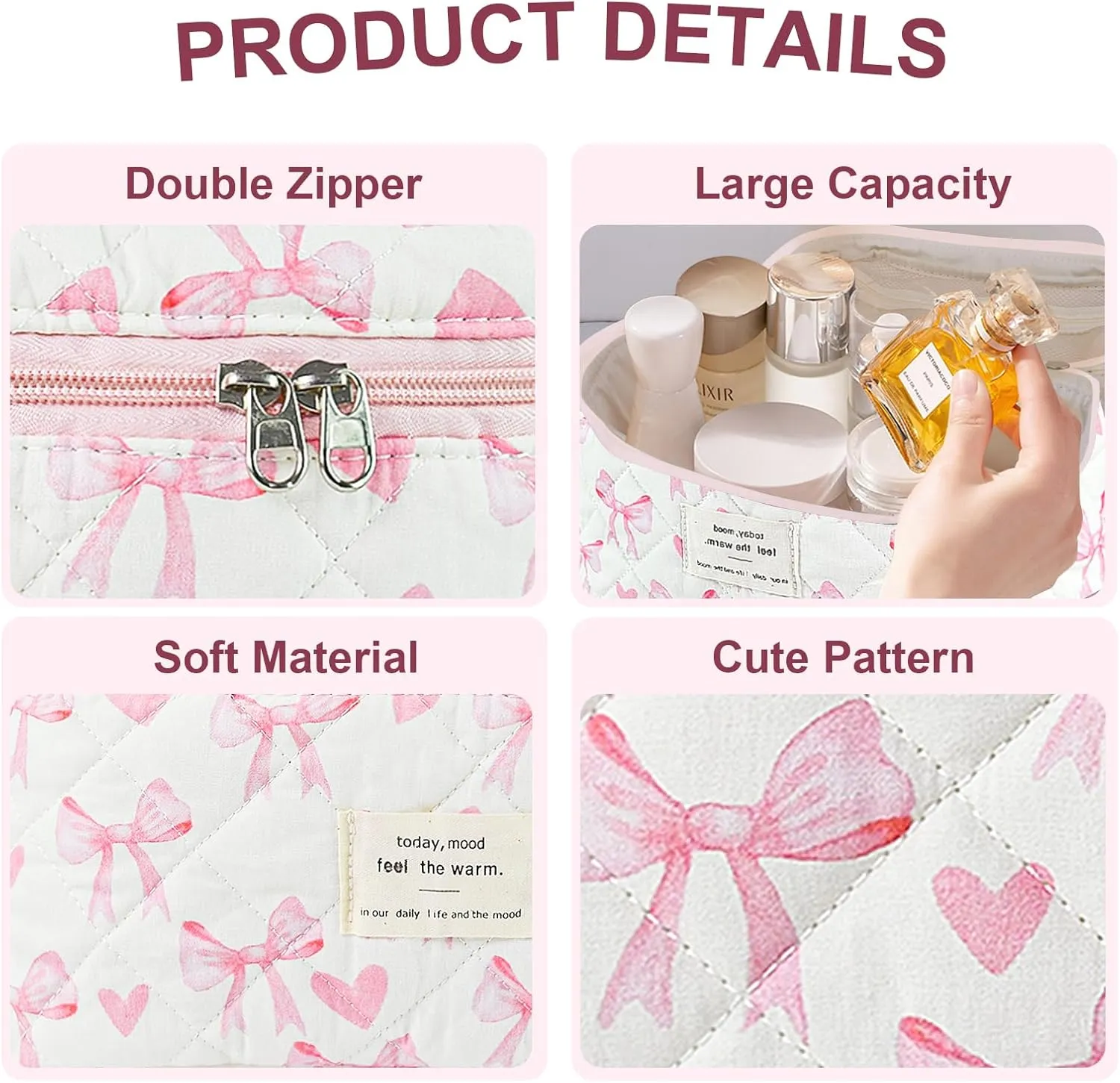 3Pcs Makeup Bag Cotton Quilted Travel Cosmetic Bag Cute Floral Makeup Pouch Large Toiletry Bag for Women Girls (Bow-Pink4)