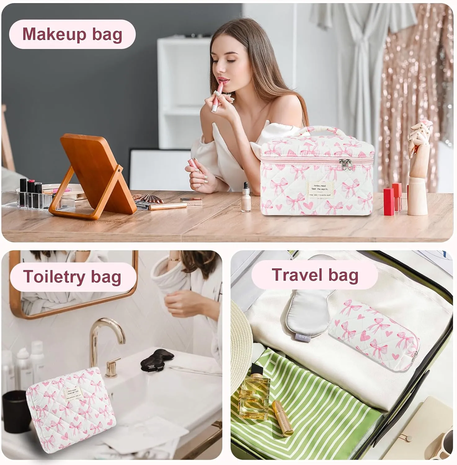 3Pcs Makeup Bag Cotton Quilted Travel Cosmetic Bag Cute Floral Makeup Pouch Large Toiletry Bag for Women Girls (Bow-Pink4)
