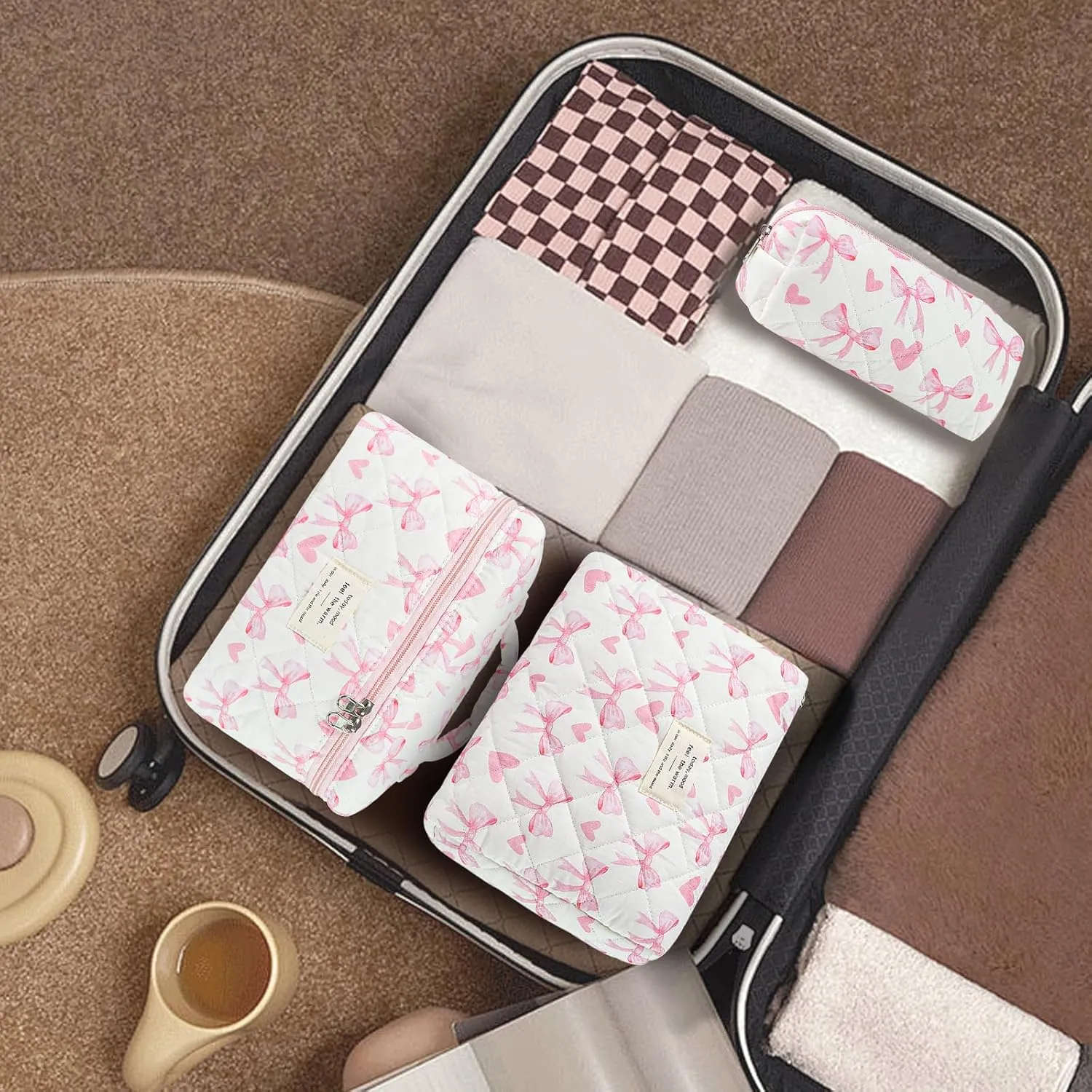 3Pcs Makeup Bag Cotton Quilted Travel Cosmetic Bag Cute Floral Makeup Pouch Large Toiletry Bag for Women Girls (Bow-Pink4)