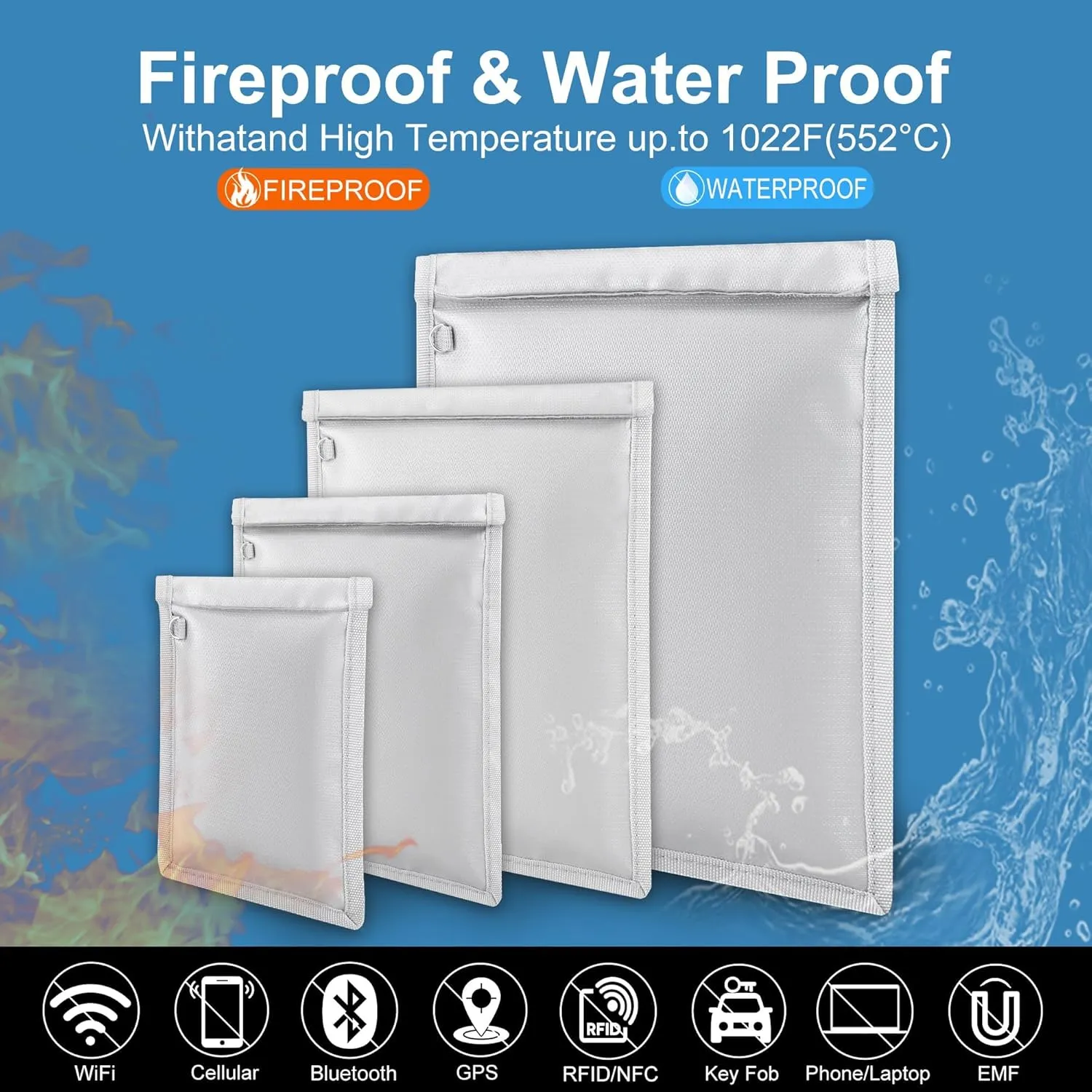 4 Pack Faraday Bags, Faraday Cage for Anti-Theft Anti-Tracking, Waterproof & Fireproof Faraday Bag for Laptops, Tablets, Phones, Car Keys