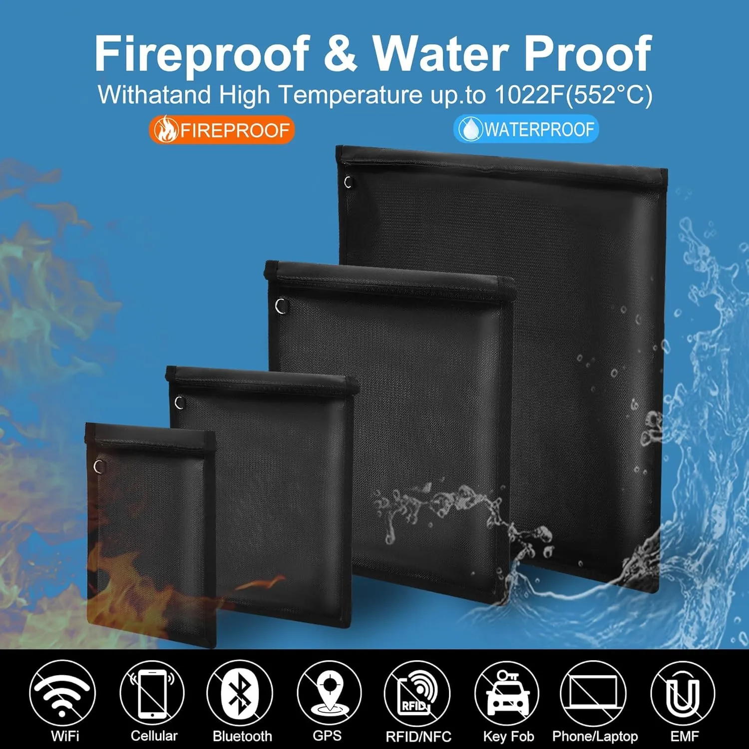 4 Pack Faraday Bags, Faraday Cage for Anti-Theft Anti-Tracking, Waterproof & Fireproof Faraday Bag for Laptops, Tablets, Phones, Car Keys