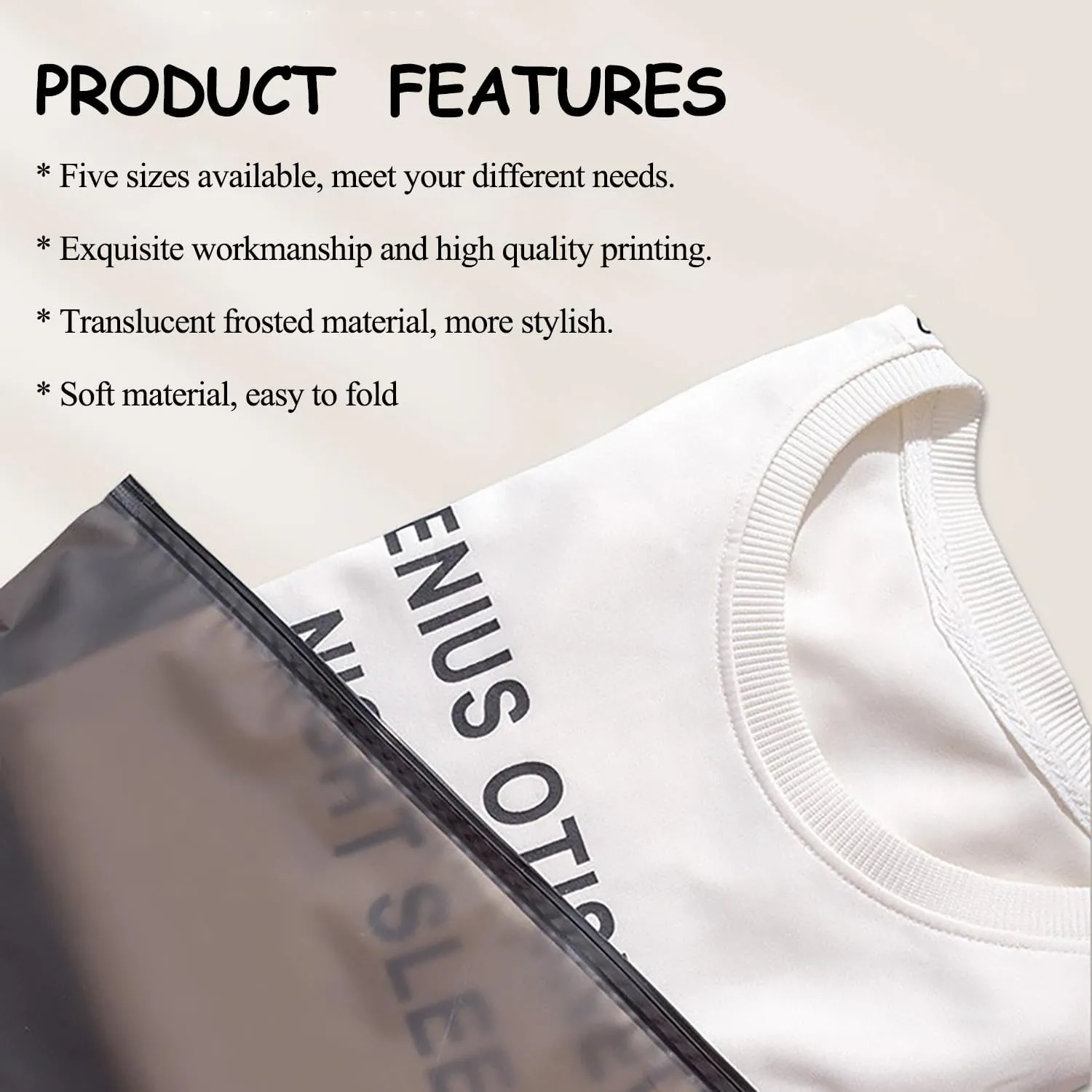 50-200pcs Translucent Matte Frosted Black Zipper Bags with Logo, Personalized Resealable Poly Plastic Packaging Bags for Clothing, T-Shirts, Leggings, Socks, Anything (50)