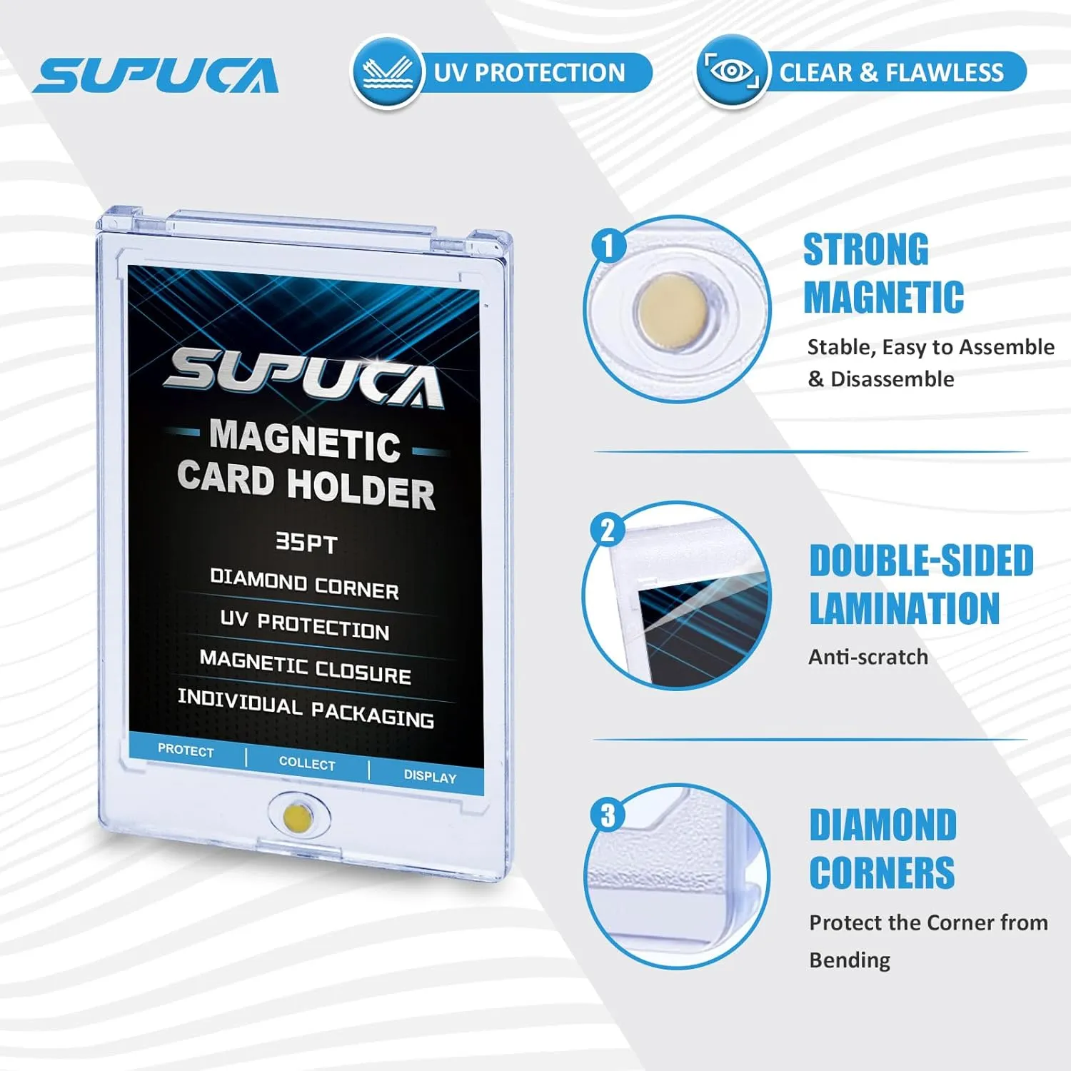 50ct Magnetic Card Holder 35PT, One Touch Card Holder for Trading Card, Card Protectors Hard Plastic, Card Sleeves Display Case for Baseball Card Sports Cards