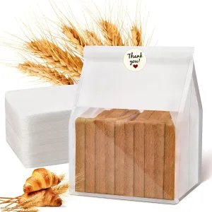 60pcs Bakery Bags with Thank You Stickers,10.5x6.2x4.7 Inches Sourdough Bread Bags with Tin Tie Tab Lock Smoother Paper Bakery Bags with Clear Window for Homemade Bread, Baked Food Packaging Storage