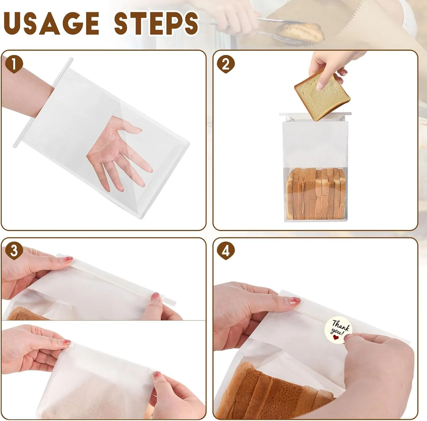 60pcs Bakery Bags with Thank You Stickers,10.5x6.2x4.7 Inches Sourdough Bread Bags with Tin Tie Tab Lock Smoother Paper Bakery Bags with Clear Window for Homemade Bread, Baked Food Packaging Storage