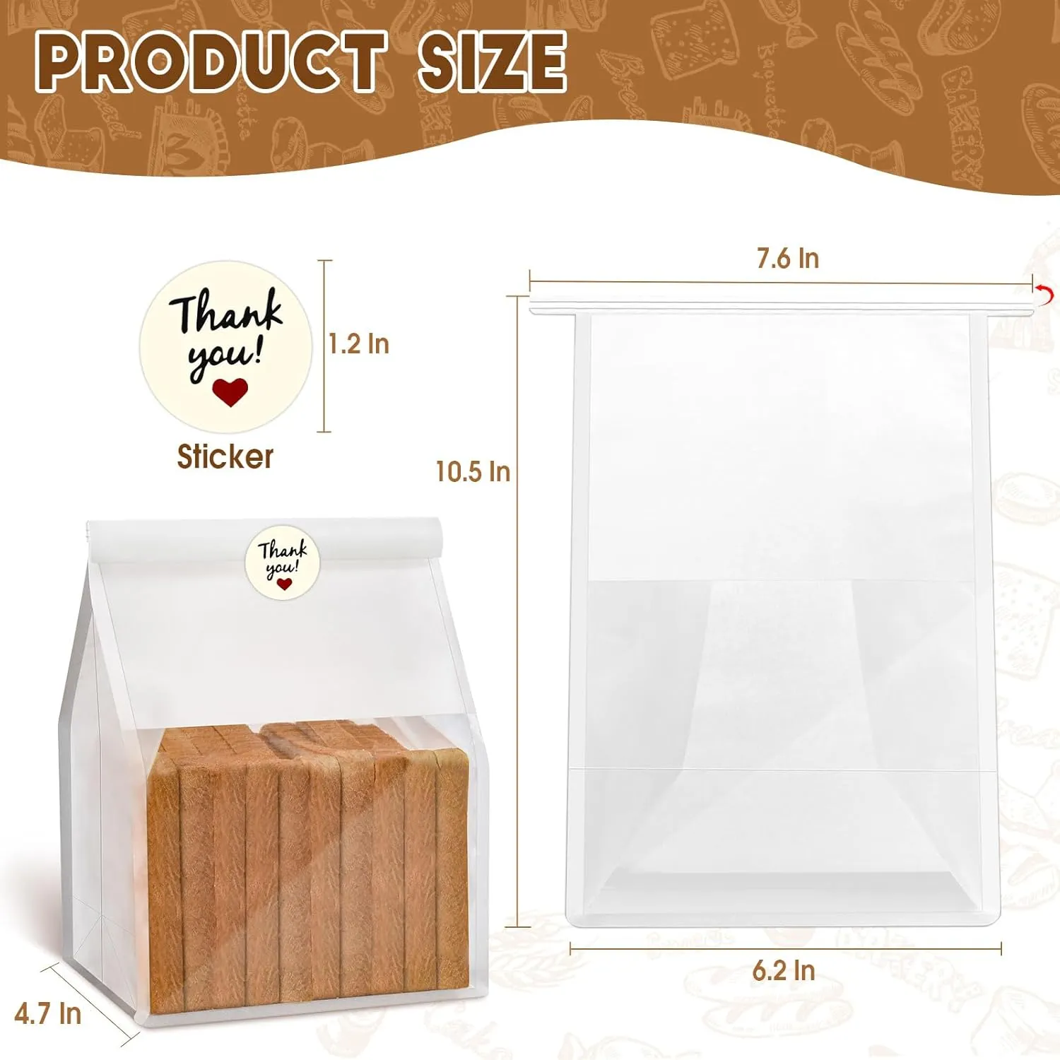 60pcs Bakery Bags with Thank You Stickers,10.5x6.2x4.7 Inches Sourdough Bread Bags with Tin Tie Tab Lock Smoother Paper Bakery Bags with Clear Window for Homemade Bread, Baked Food Packaging Storage